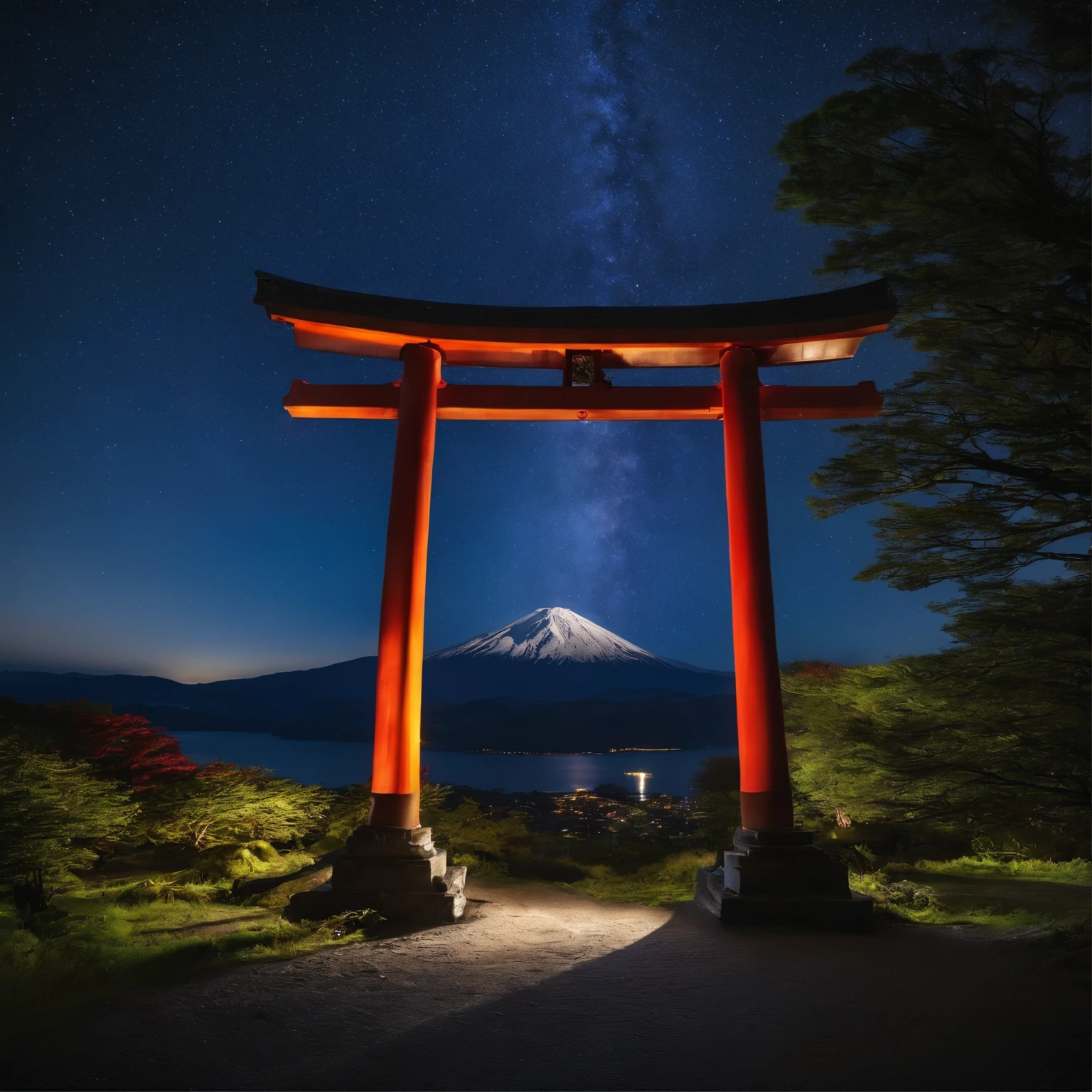 Master Parts、Superior Quality、superior image quality、The 8k quality、、Beautiful pictures of the starry sky、magnifica、Arched Milky Way、Mt fuji、torii gate