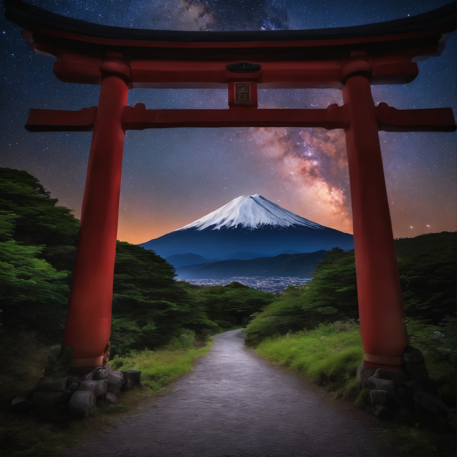 Master Parts、Superior Quality、superior image quality、The 8k quality、、Beautiful pictures of the starry sky、magnifica、Arched Milky Way、Mt fuji、torii gate