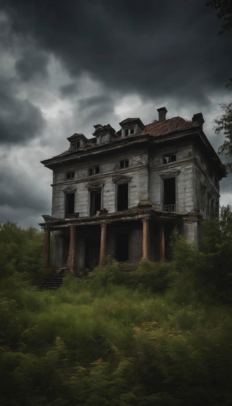 abandoned house near the forest, gray clouds before the rain, gloomy atmosphere