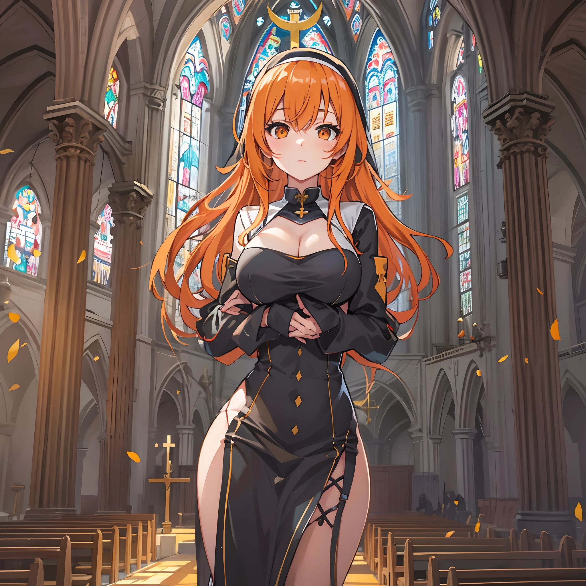 Anime girl, orange hair, sexy, nun outfit, full body shot, large breasts, 1girl, solo, in a church