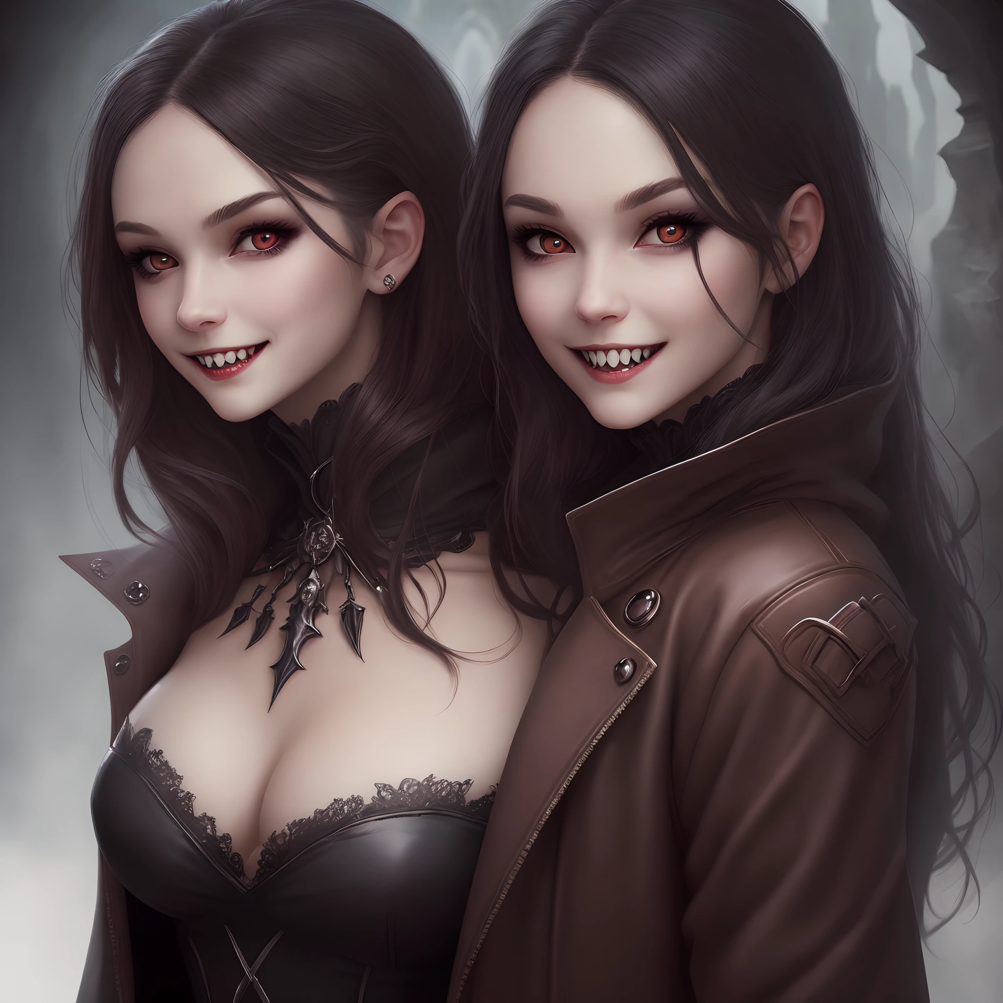 Vampire girl, realistic face, sharp teeth, determined smile,
seductive determined gaze, detailed artistic face, shining eyes, gothic coat, fantasy background, cinema effect,