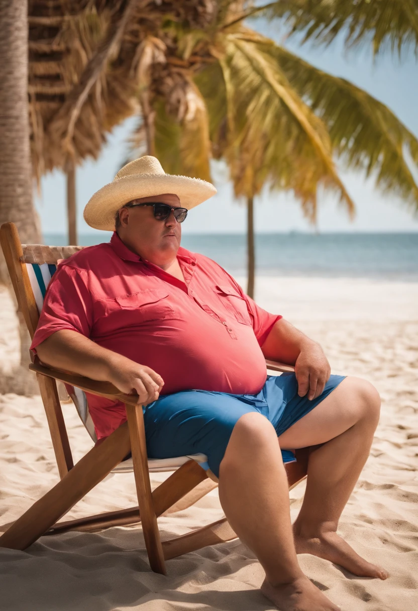 30 year old man, (pretty chubby fat),wear oversize blue floral shirt, yellow menshort,((panama hat)), sunglasses ,with the posture of being a very rich man and sitting on (luxury yacth boat),old money, campaign bottle and glass, glam pose, miami beach, summer, sunny, ultrarealistic, ultradetail, clean skin, ((flawless skin),(no beards)((hairless skin)), polaroid, analog film, film grain, fuji film tone effect