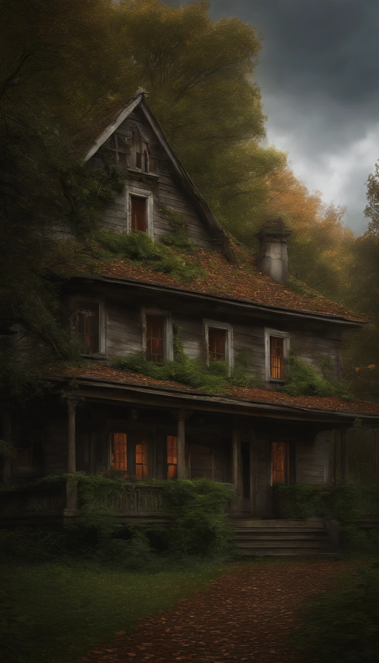 (best quality,4k,8k,highres,masterpiece:1.2),ultra-detailed,(realistic,photorealistic,photo-realistic:1.37),HDR,UHD,studio lighting,ultra-fine painting,sharp focus,physically-based rendering,extreme detail description,professional,vivid colors,bokeh,abandoned house,near the forest,gray clouds,gloomy atmosphere,weathered wooden planks,overgrown with ivy,dilapidated windows and doors,creepy silence,fallen leaves on the ground,mysterious shadows,moss-covered roof,cracked walls,twisted trees in the background,dark and haunting ambiance