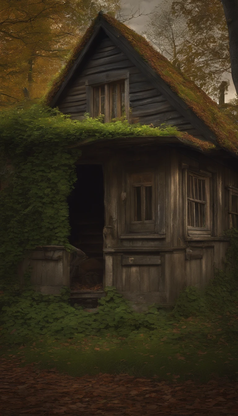 (best quality,4k,8k,highres,masterpiece:1.2),ultra-detailed,(realistic,photorealistic,photo-realistic:1.37),HDR,UHD,studio lighting,ultra-fine painting,sharp focus,physically-based rendering,extreme detail description,professional,vivid colors,bokeh,abandoned house,near the forest,gray clouds,gloomy atmosphere,weathered wooden planks,overgrown with ivy,dilapidated windows and doors,creepy silence,fallen leaves on the ground,mysterious shadows,moss-covered roof,cracked walls,twisted trees in the background,dark and haunting ambiance
