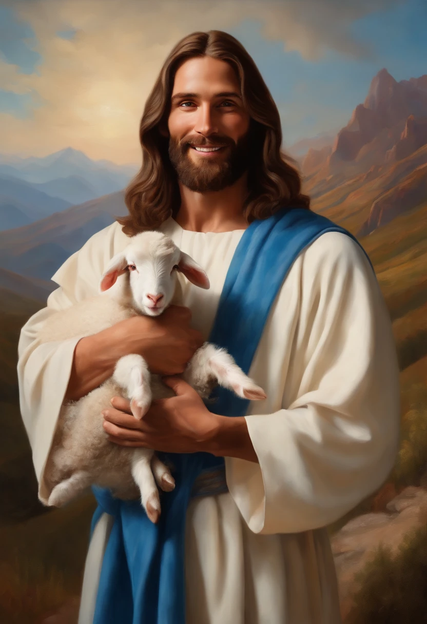 Jesus,portrait, soft light, a man with long brown hair and a beard, wearing a white robe and a blue sash, holding a lamb in his arms, smiling gently, mountains and clouds in the background, 8k, oil painting