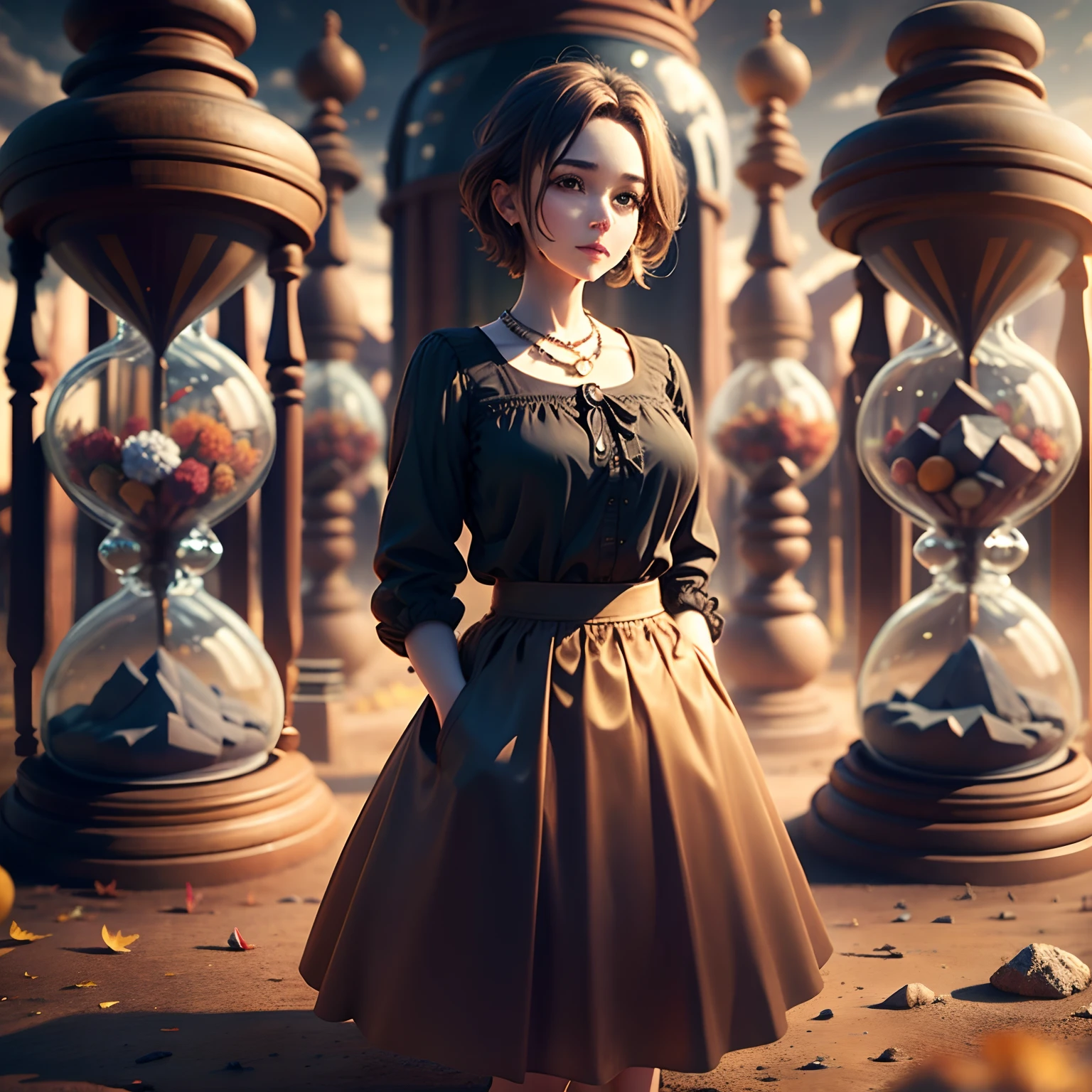 One Woman, Full body, Cute, landscape, Nature, nature backdrop, (1Two hourglass traps)masutepiece, detaileds, High quality, masutepiece,A hyper-realistic,32K,the Extremely Detailed CG Unity 8K Wallpapers, Best Quality,(autumn day ),Lady ,Necklace ,eardrop, Grand Canyon, United States, ( Brown midi skirt tucked into blouse ) , Light brown hair short hair ,