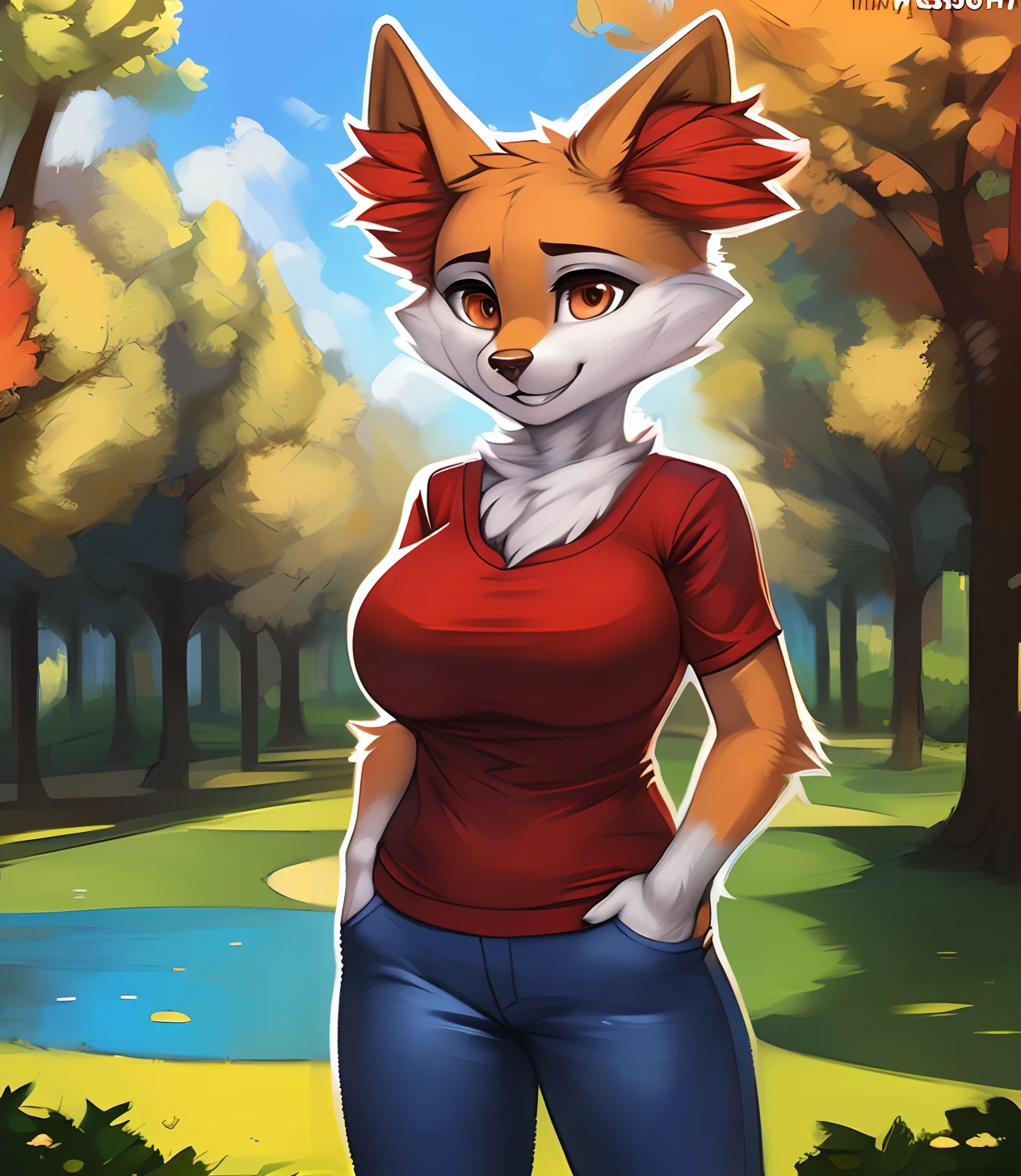 [Braixen], [pokemon], [Uploaded to e621.net; (Foxovh), (Pixelsketcher), (mayosplash], ((masterpiece)), ((solo portrait)) ((front view)), ((full body)), ((furry)), ((detailed fur)), ((detailed shading)), ((beautiful render art)), {female anthro fox; (yellow, red, and black fur), red ear fluff, bright orange eyes, happy smile, big boobs}, {blue denim jacket, red tee shirt, tight blue jeans, red sneakers}, {(standing), (hands in pockets)}, [background; (blue sky), (park), (trees), (pond)]