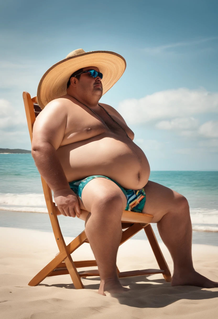 a morbidly obese man, looking forward, close-up image, on a beach, with a sombrero, two beach chairs, wearing beach swim trunks, holding an iced popsicle, realistic, hd, 8k