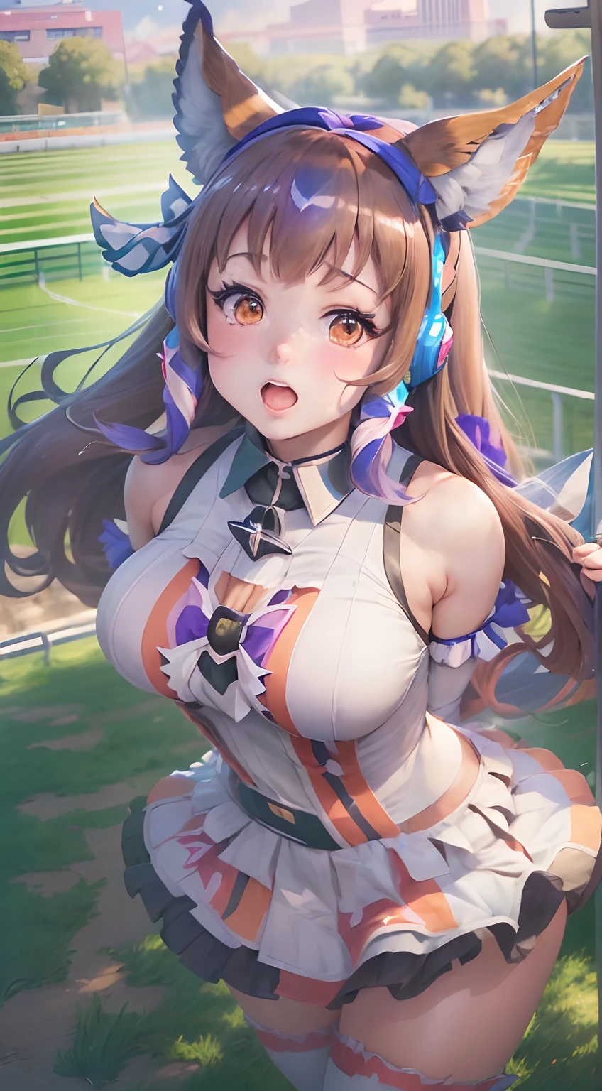 top-quality、Full limbs、complete fingers、1girl in、((one beautiful women、独奏))、Beautiful Large Breasts、Medium Hair、poneyTail、brown haired、Race Queen Costume、((Blue and white tops with logo:1.3))、Woman in blue and white miniskirt、White arm cover、Tricolor parasol、Woman in long white boots、((F1 Key Circuit、Formula 1、F1、racing car))、Naughty Poses、A big smile、zoomed、composition seen from below