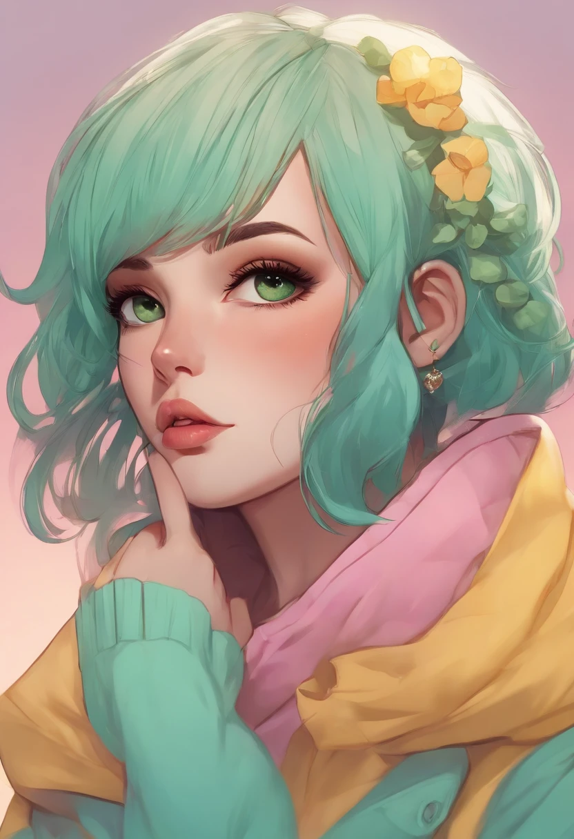 1fille, seulement, Solo Focus, Tir de cowboy, portrait, oversize hoodie, Aqua green and white hoodie, Half Aqua, half green, ((cheveux bruns)), (cheveux jaunes), (gradient hair :1.5), curly hair, ((yeux roses)), Hyperdetailed eyes, ainsi, (Dark skin caramel:1.1), Best quality, Ultra-detailed, fond blanc, sinple background