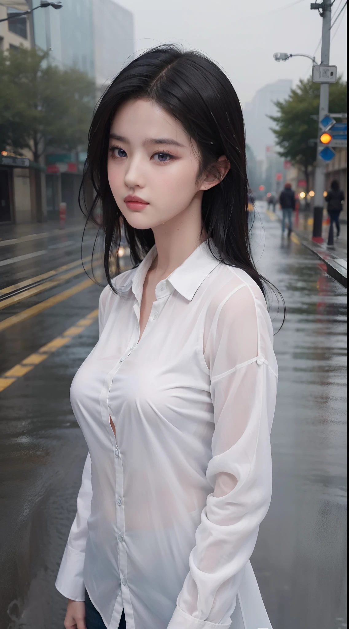 8k， RAW photos， （Top  Quality， nmasterpiece， complexdetails： 1.4）， （Realiy， make realistic： 1.3）， （photorealestic： 1.3）， make realistic， Gravure Lighting，
  Korean female student，rainy daytime，School grounds，big rain，（The whole body is wet：1.5），School uniform white shirt，（rainy wet transparent blouse：1.5），（rainy wet blouse sticking to skin：1.2），ribbons，wet uniform skirt，Knee-length skirt，Beautiful like a Korean idol，16yearsold，sad look，maquiagem leve，Thin eyebrows，Carrying a cute school bag
  Precise and beautiful face，Precise eyes，（tear bag），precise fingers，Precise legs，（Wet hair：1.8），（wet bangs：1.5），（Wet skin：1.8），medium boobs，（no-bra：1.5），（huge breasts protrude），lustrous Some hair，luslous skin，（Wet hair：1.5），（Wet skin：1.5）