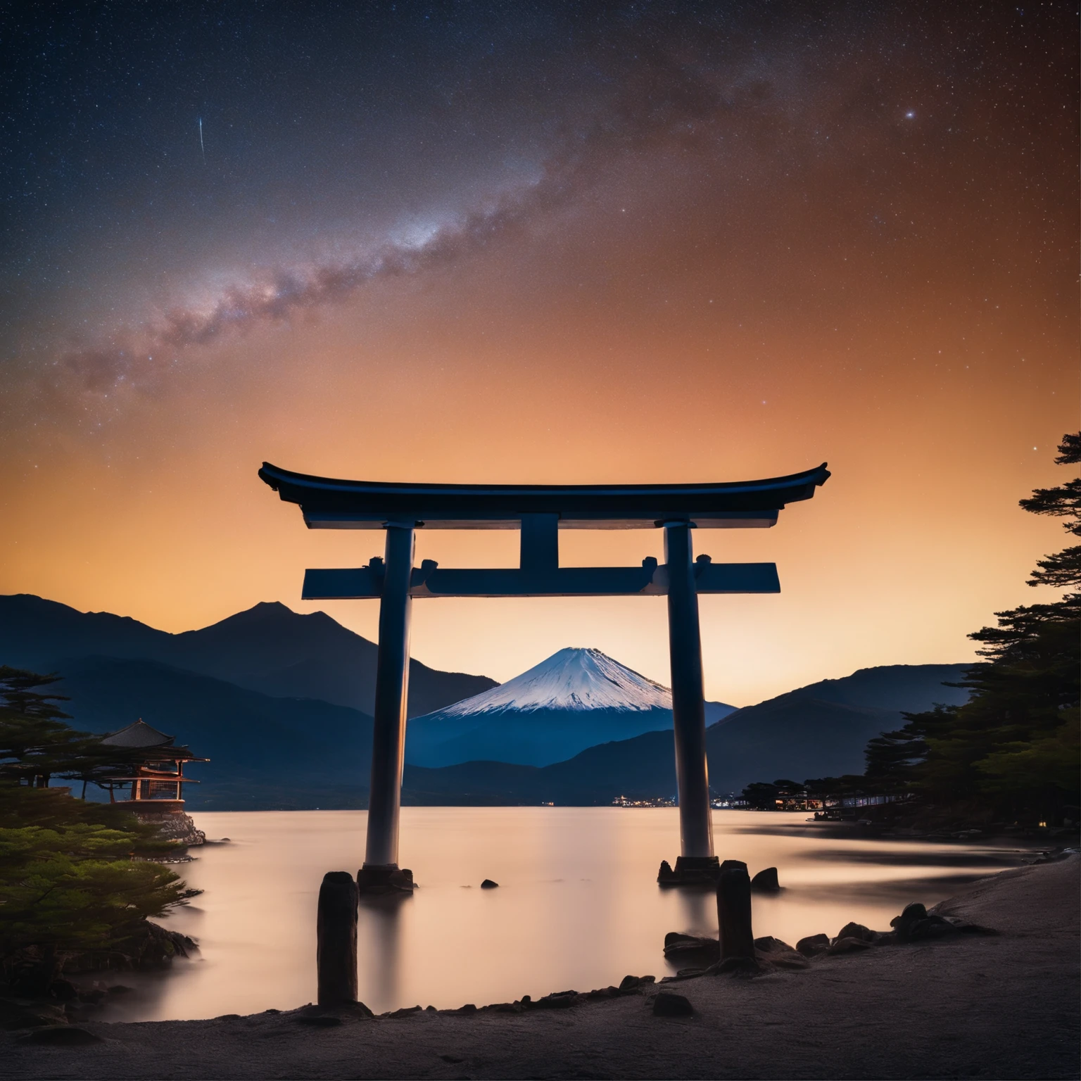 Master Parts、Superior Quality、superior image quality、The 8k quality、、Beautiful pictures of the starry sky、magnifica、Arched Milky Way、Mt fuji、torii gate、Mare