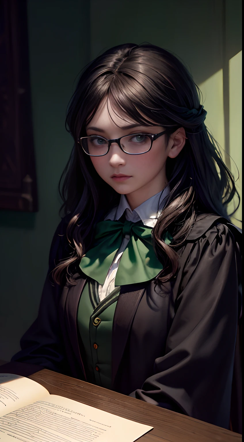 (Front Focus),(around dark:1.6), Hyper-realistic female portrait of David Hockney and Alphonse Mucha,Fantasy art, photo-realistic, dinamic lighting, Artstation, Poster, voluminous lighting, Very Detailed Faces, 4k, Award-winning, , 1 girl, around dark, deep shadow, Low key, Cowboy shot, Hogwarts, (Official Slytherin Faculty Attire: 1.4), hairlong, brown thick hair, eyeglasses, (Lefty)