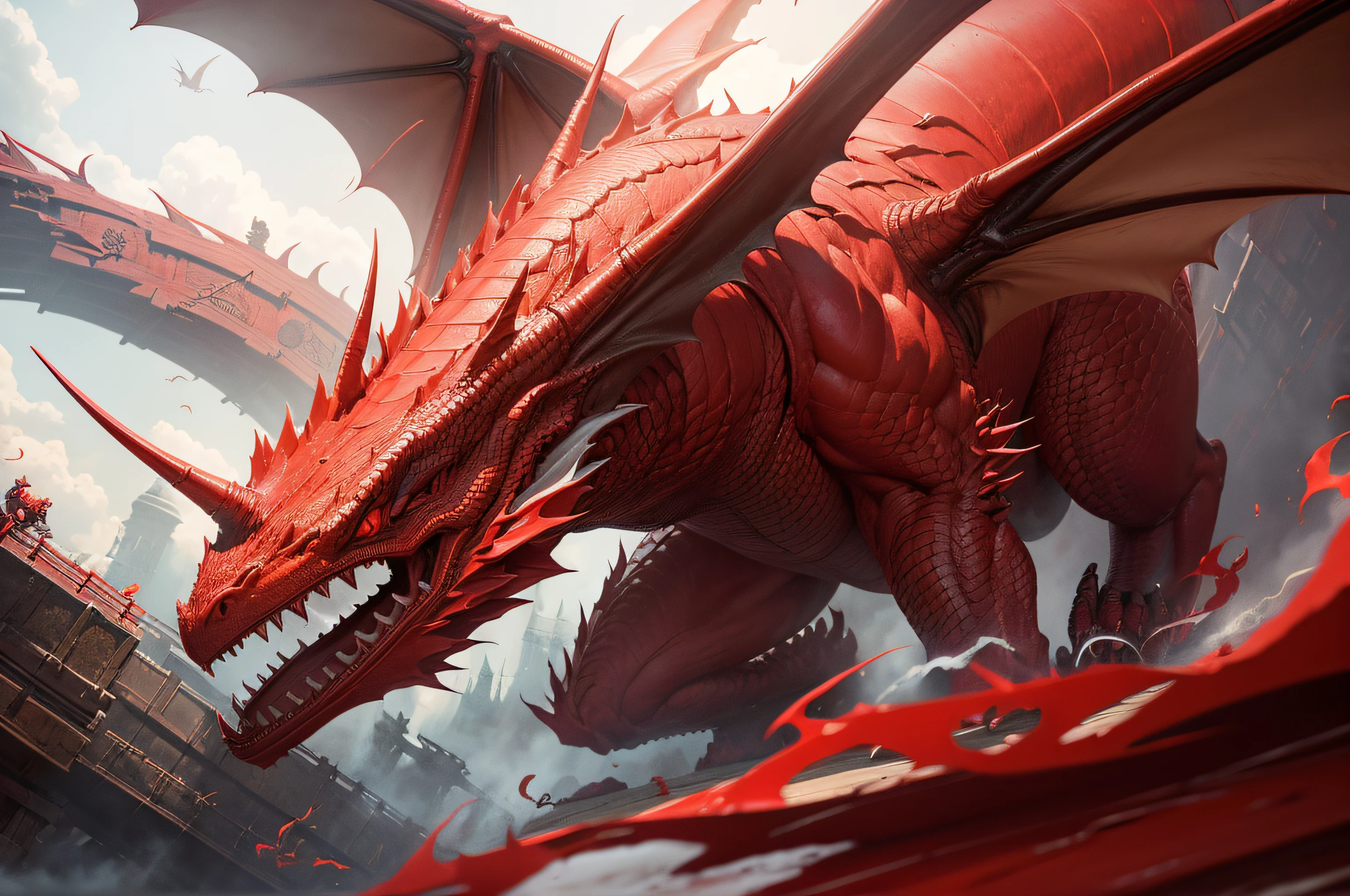 A red dragon rising from the shadows (Front view)