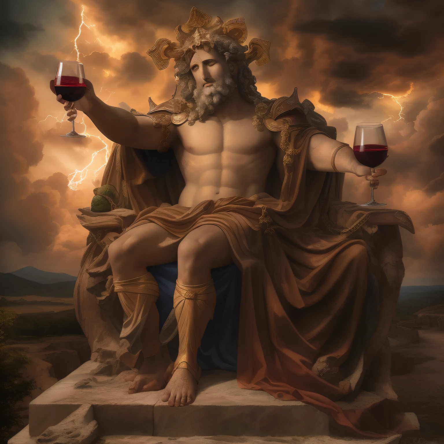 An epic image depicting Bacchus, o deus do vinho, em todo o seu esplendor. He is sitting on his heavenly throne, holding a glass of wine in one hand, com um olhar imponente e majestoso. Ao seu redor, Charged clouds and lightning illuminate the scenery, Transmitting His Divine Strength.