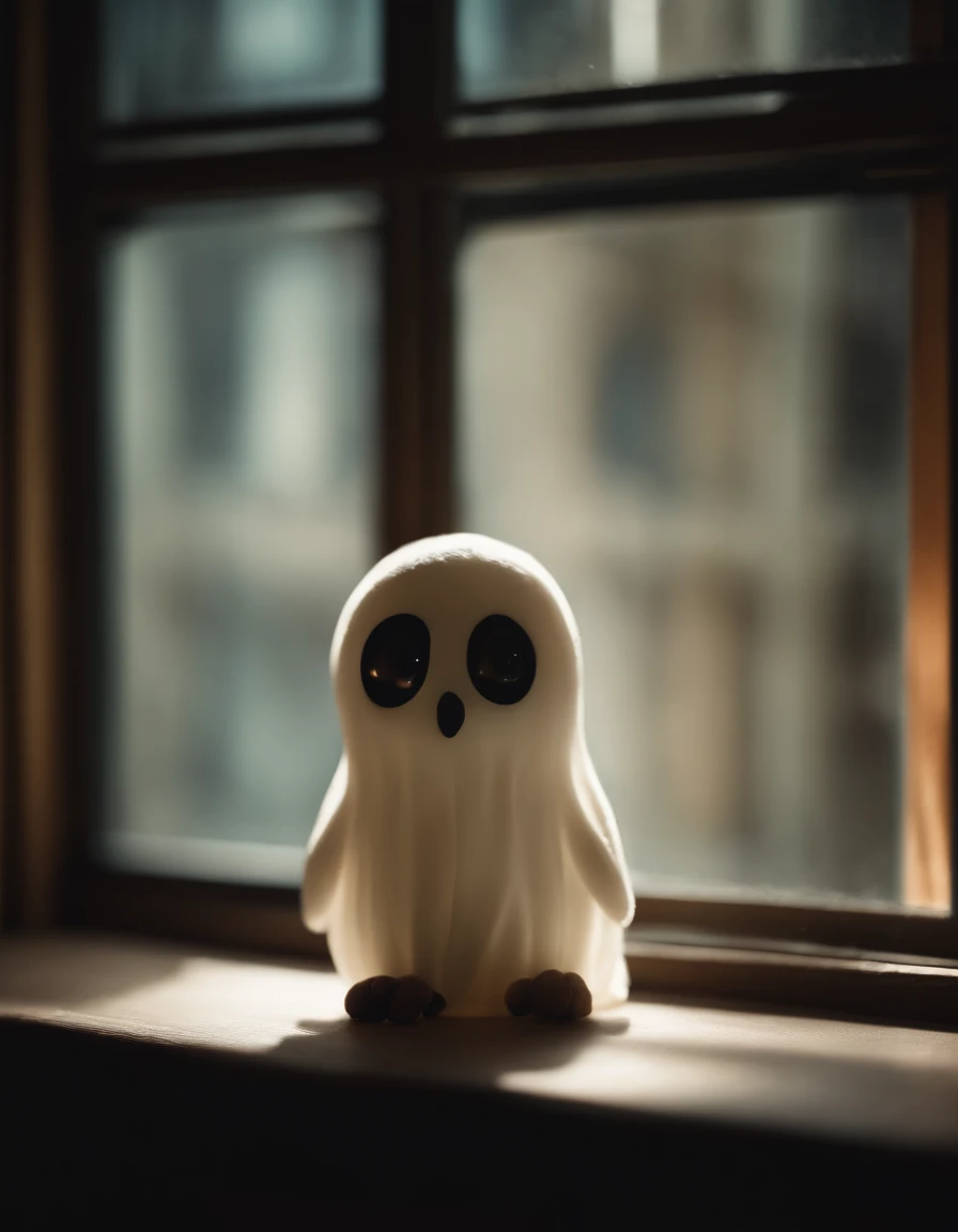 ghost next to the window, delicate colors, huge eyes, slight glow, LED lamp