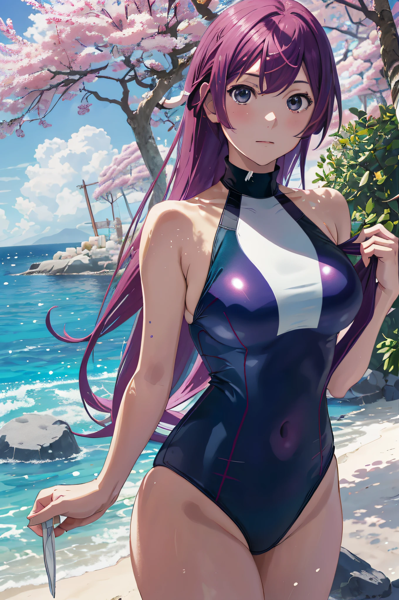 Obra maestra, La mejor calidad, Altas Resoluciones, sh1, Senjougahara Hitagi, Cabello largo, mangas largas,((( high neck swimsuit rosa claro))),muslos , Disparo de vaquero, Brazos cruzados,sakura