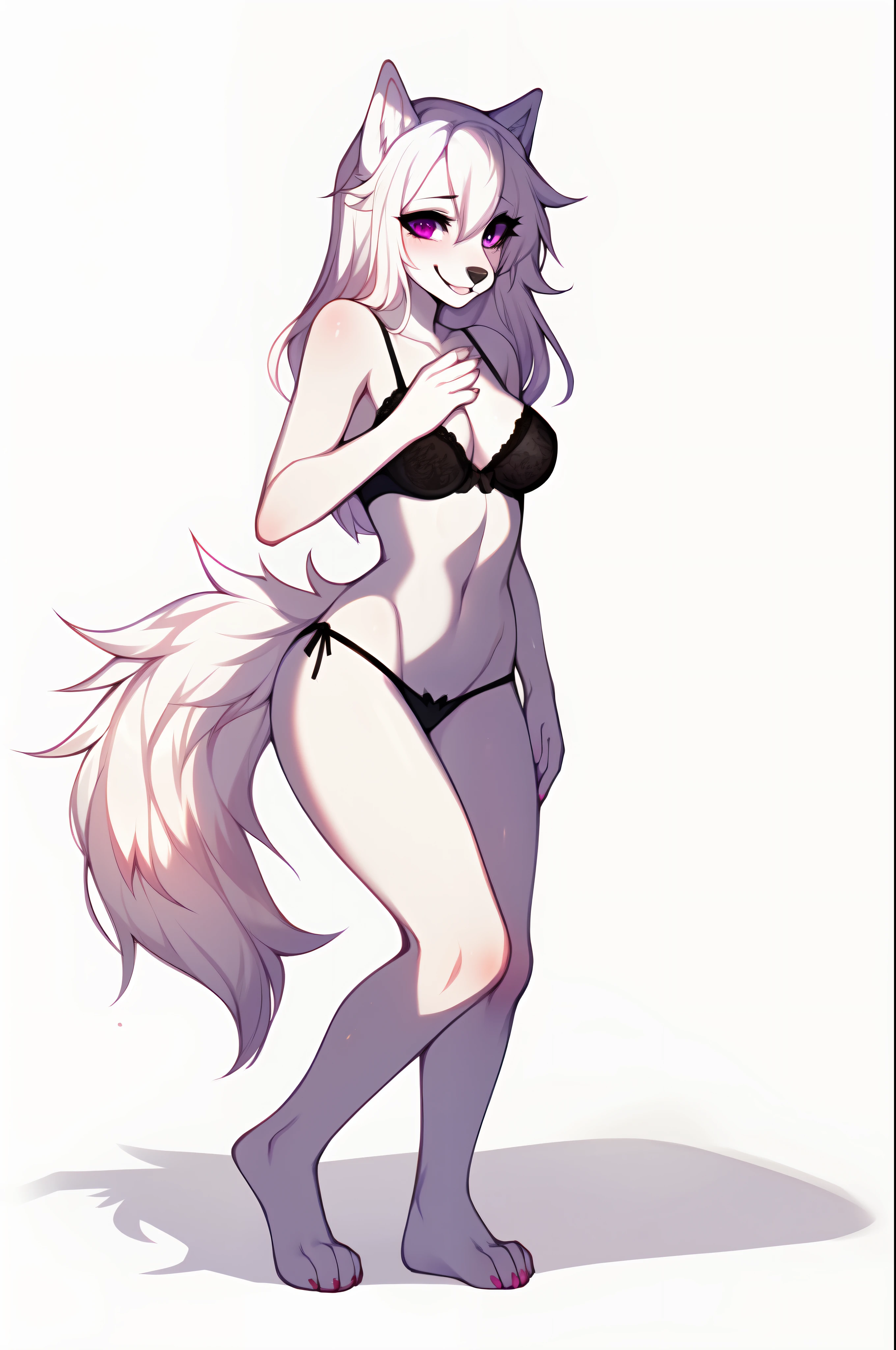 by fumiko, by claweddrip, by hyattlen, an anthro furry white wolf woman, white fur, all white body, cute white wolf tail, cute snout, purple eyes, long white hair,standing, grinning, posing seductively, side view, wearing only black thong, black bra, smiling, mouth open, good anatomy, feet in frame, paws, 4 toes, slender body, no background, all white background, lifting tail