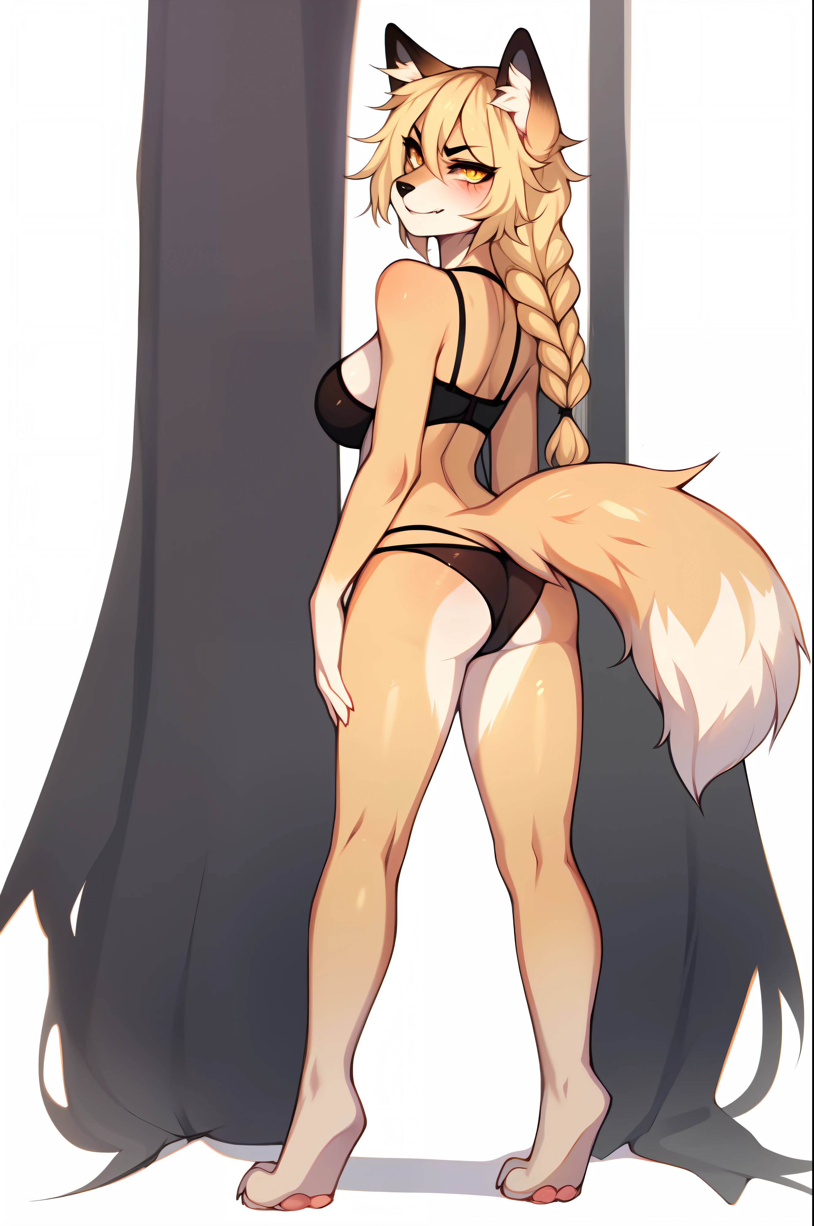 by fumiko, by claweddrip, by hyattlen, an all tan furry anthropomorphic fox woman, tan fur, all tan body, blonde fox tail, cute snout, yellow eyes, long blonde braided hair,angry eyes, grinning, rear view, wearing only black thong, black bra,smiling, good anatomy, paws, 4 toes, slender body, no background, white background full body shot, feet in frame, solo:1.2, proper tail attachment to body