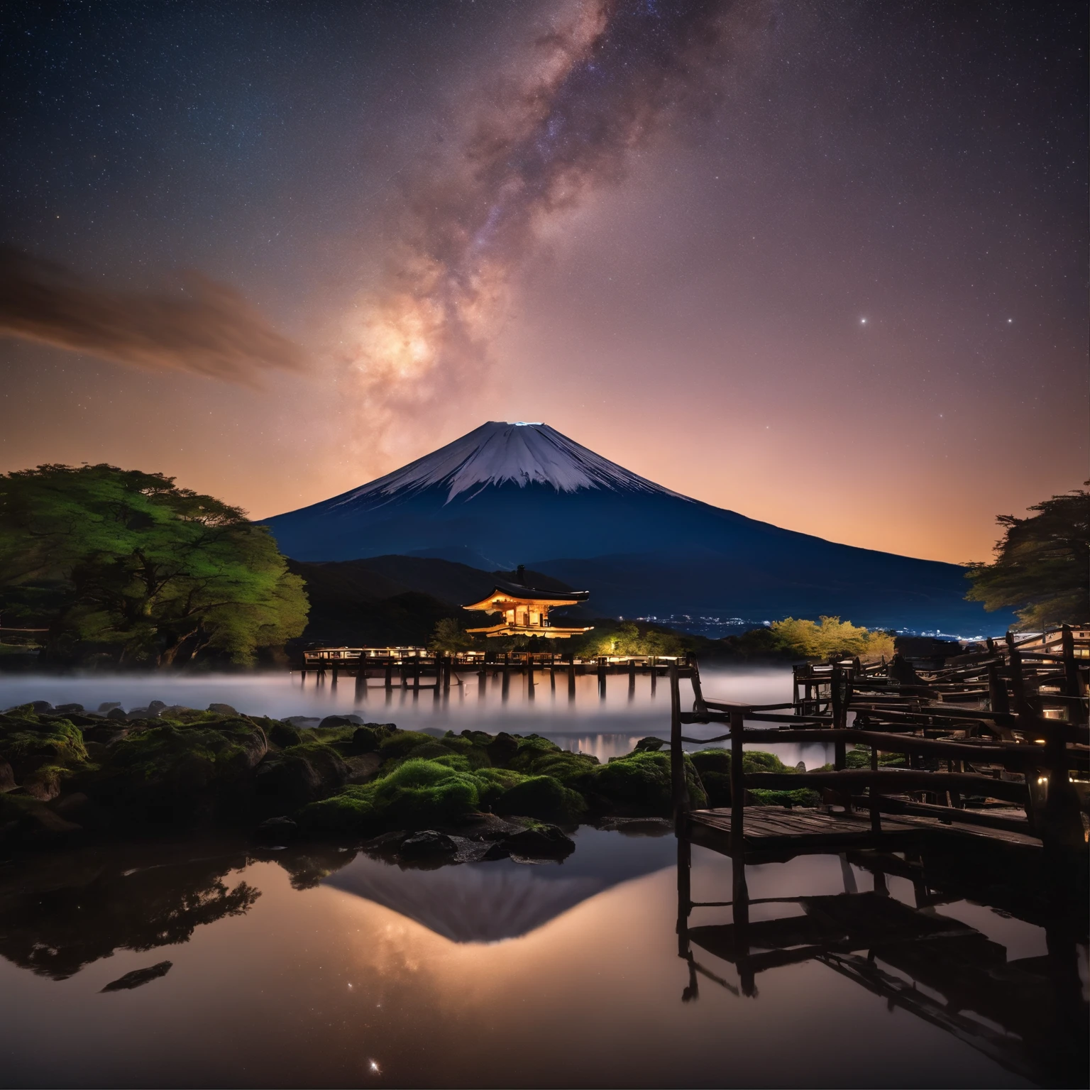 Master Parts、Superior Quality、superior image quality、The 8k quality、、Beautiful pictures of the starry sky、magnifica、Arched Milky Way、Mt fuji、torii gate、mare
