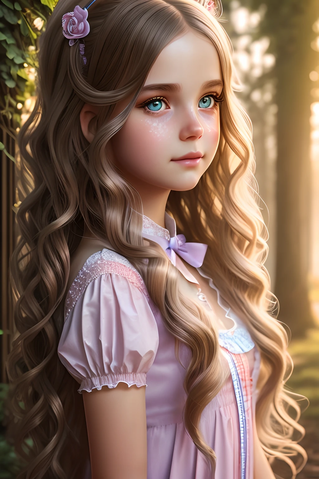 Photography image of a cute Alice in wonderland girl, long wavy hair, fantasy, photorealistic, symmetrical face, symmetrical eyes, soft pastel colours, intricate, path tracing, illustration, insanely detailed, direct sunlight on face, path traced hair