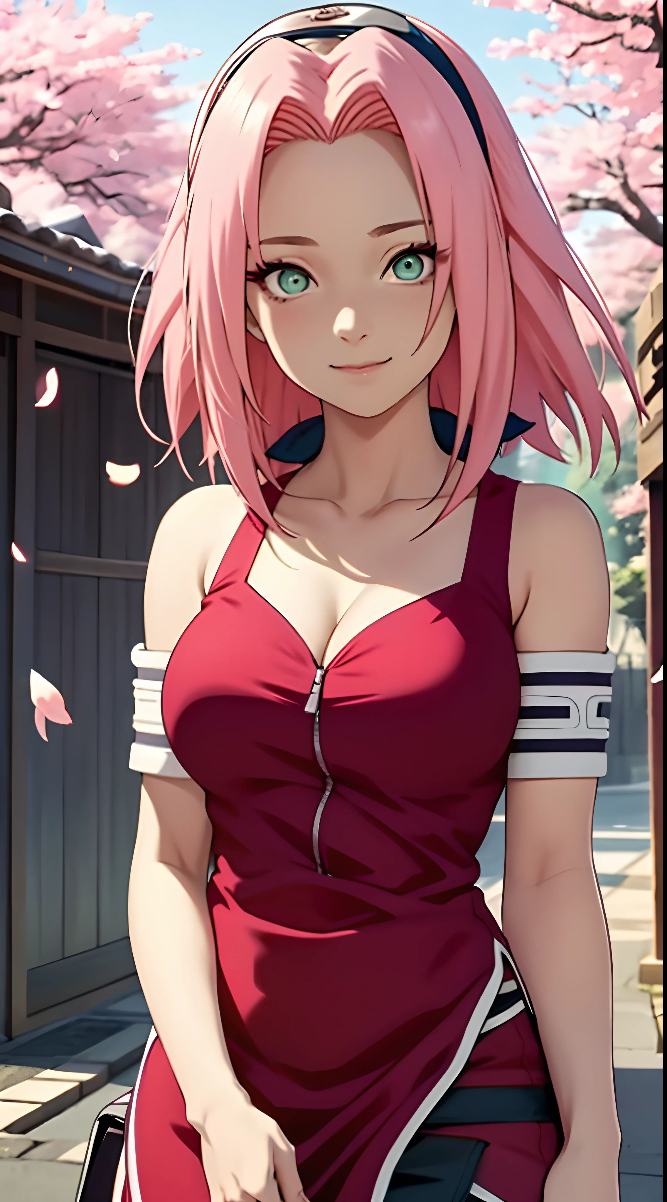 tmasterpiece, Best quality at best, 1girll, Sakura Haruno, Large breasts,(upperbody closeup),Raised sexy,is shy,ssmile,with pink hair, long whitr hair, (Green eyeballs:1.4), Forehead protection, the cherry trees,Cherry blossoms flying,slutty red micro bikini,