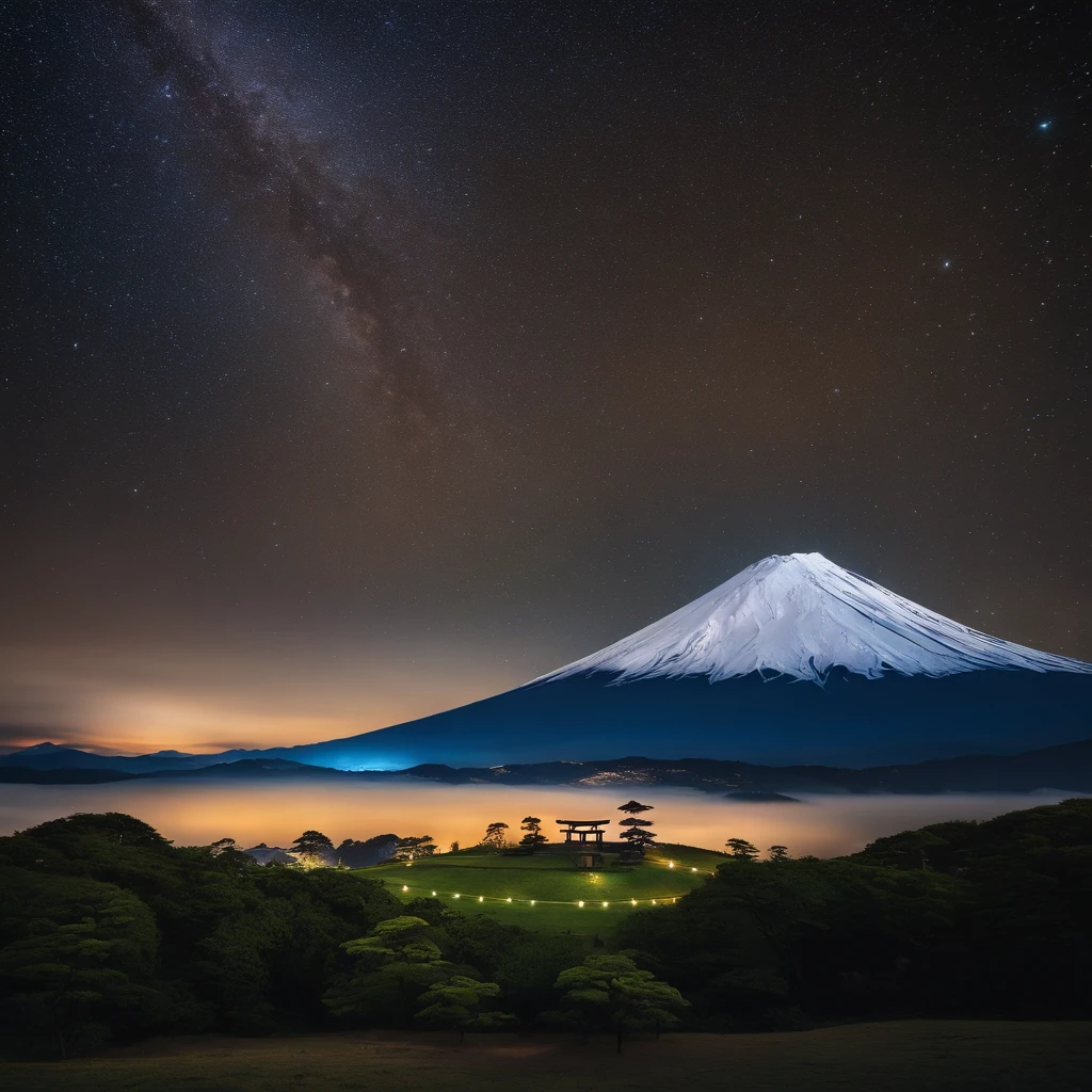Master Parts、Superior Quality、superior image quality、The 8k quality、、Beautiful pictures of the starry sky、magnifica、Arched Milky Way、Mt fuji、torii gate、Mare