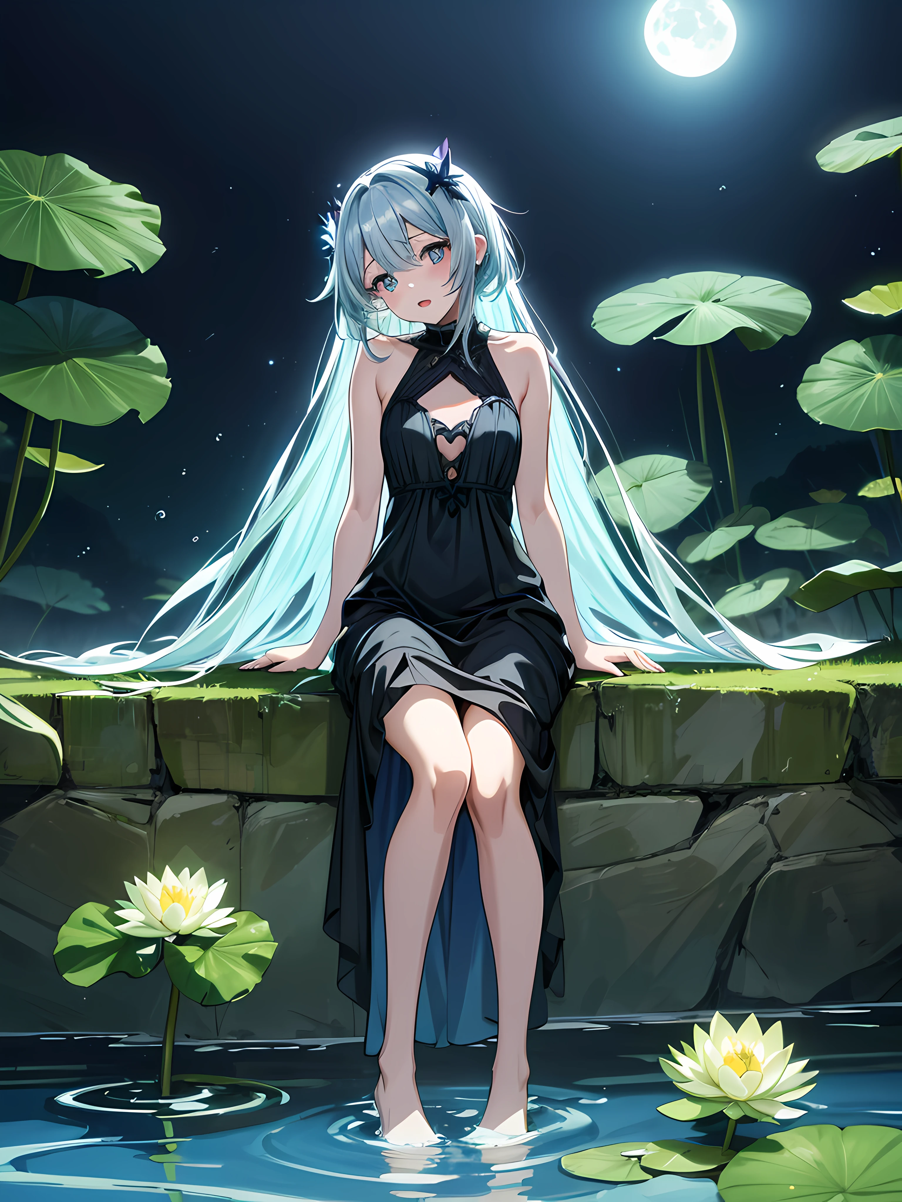 (((High quality, Best quality, high resolution)))1 girl, Baby face, silber hair, Face focus, (half closed eyes:0.8), (saliva:0.5), Provocative, Long dress ( Black dress), Bare shoulders, Open mouth, Sit on your knees with your legs crossed, (Spread legs:1.1), Head tilt, Close contacts, Dark background, the moon in the background, Lake, Blue water, glowing water, bathing, In water,glowworm, water lilies, (Close-up:1.1), From the front side, From below, view the viewer,、,Nahida_Genshin, cross-shaped pupils, default_dress, Green cape