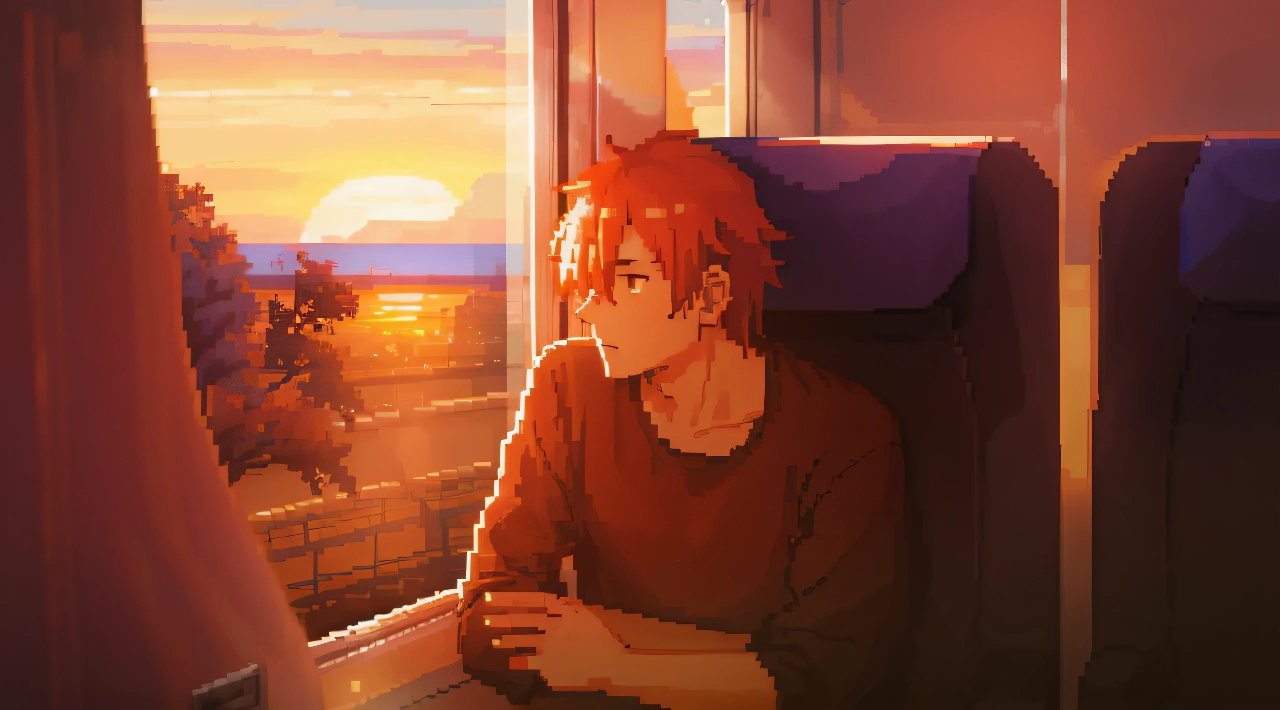 Pixel guy sitting on a train and looking out the window, watching the sun set. Anime Pixel Art, ((Sunset)), the anime, pixel-art, pixel-art !!. soft-lighting, Made in pixel-art,