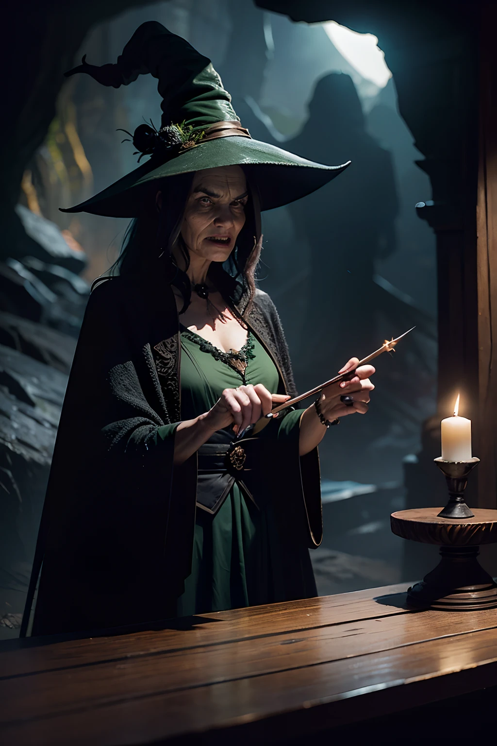 A woman who is an ugly old green witch, with dark robe and pointy hat, evil and angry looking, standing behind a table, mixing a deadly potion, background is a canyon with dark night sky, mood is fractious, recalcitrant, aggravating, agitating, night time light, character design.