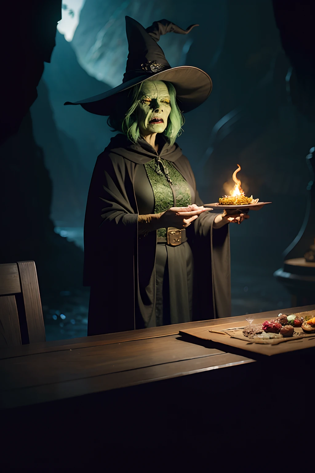A woman who is an ugly old green witch, with dark robe and pointy hat, evil and angry looking, standing behind a table, mixing a deadly potion, background is a canyon with dark night sky, mood is fractious, recalcitrant, aggravating, agitating, night time light, character design.