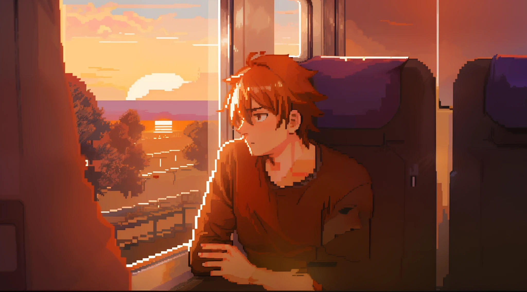 Pixelated guy with brown hair sitting on a train and looking out the window, watching the sun set. Anime pixel art, ((Sunset)), the anime, pixel art, pixel art !!. soft-lighting, Made in pixel art,