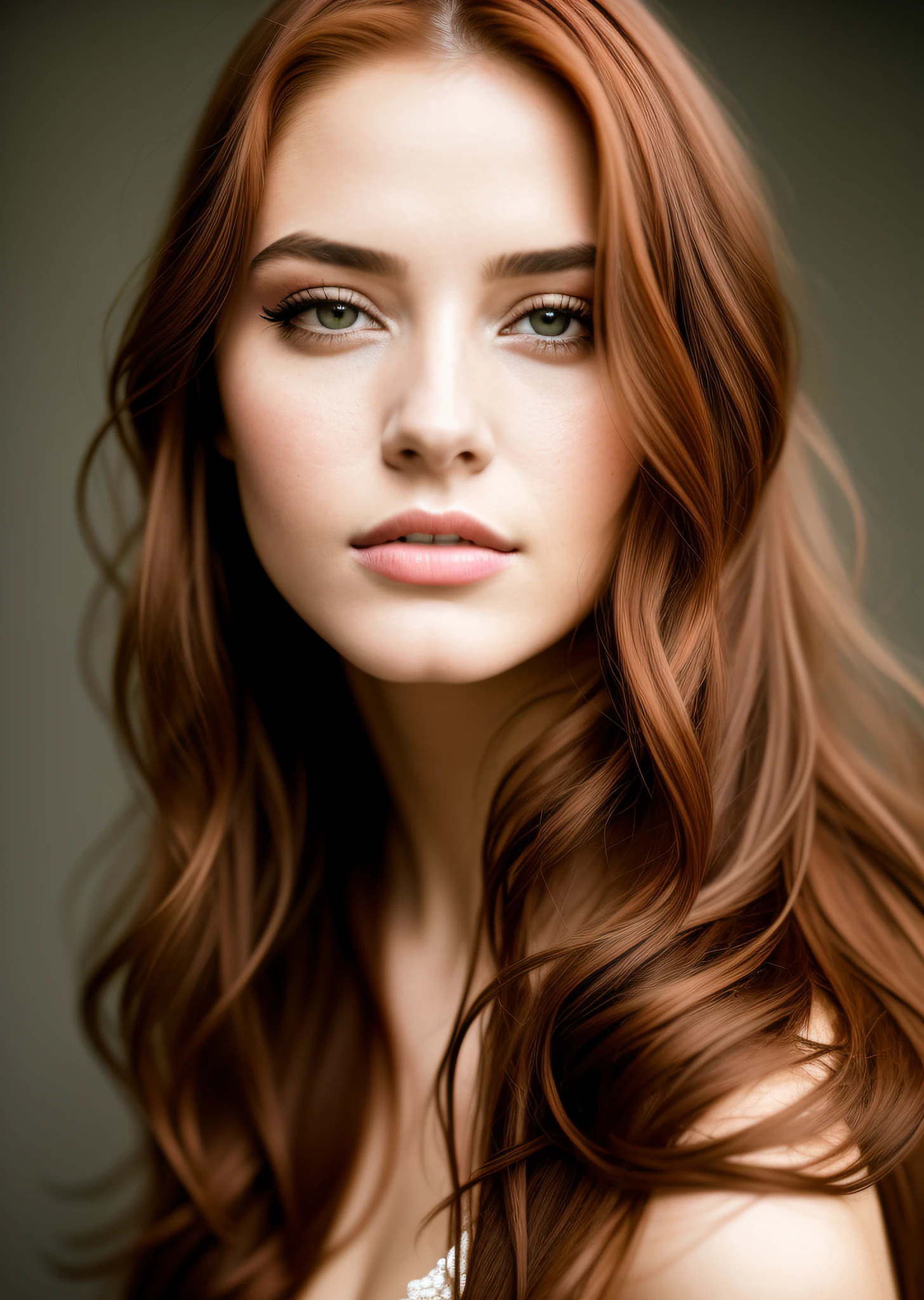 A striking portrait of a young and beautiful woman with 20 years, striking features. She must have long red hair, a captivating look and a seductive expression. The background should be neutral and simple, allowing the woman to be the focal point of the image. Please pay close attention to details, such as highlights and shadows on your face and hair, to create a realistic and realistic image. Try different lighting techniques to improve the mood and atmosphere of the portrait. The final product should be a masterpiece that captures the essence and beauty of the woman, ((highly detailed skin, skin details)), sharp focus, volumetric mist, 8k UHD, DSLR, high quality, film grain, Fujifilm XT3, full body