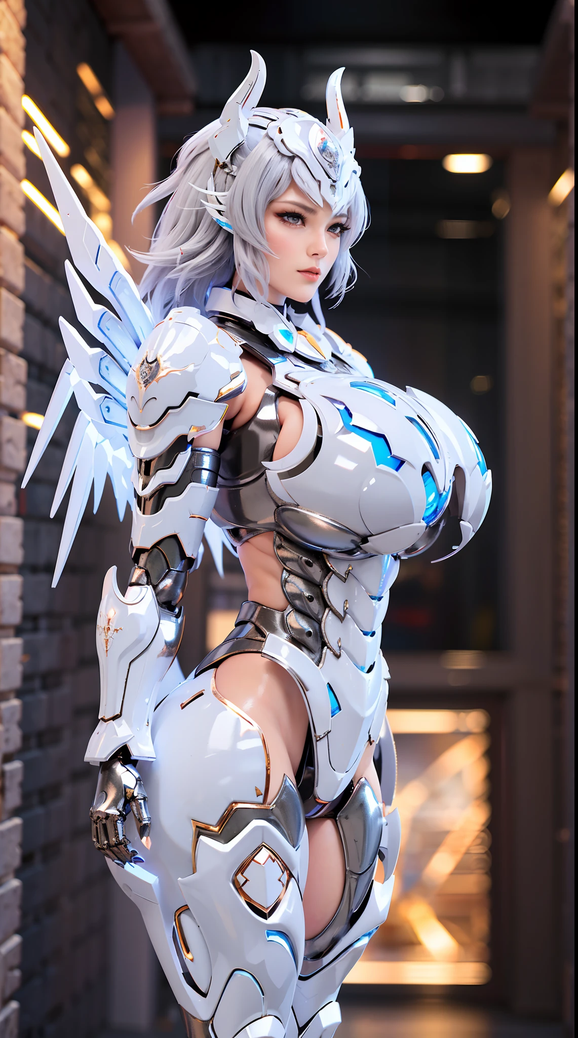 SILVER DRAGON QUEEN, HUGE BOOBS, MECHA HEAVY ARMOR, SILVER DRAGON A PAIR OF WINGS, TRANSPARANT, STANDING, THICK BODY, MUSCLE ABS.