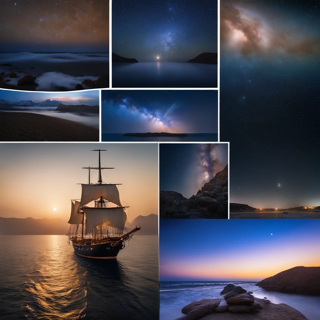 Master Parts、Superior Quality、superior image quality、The 8k quality、、Beautiful pictures of the starry sky、magnifica、Arched Milky Way、Sail ships