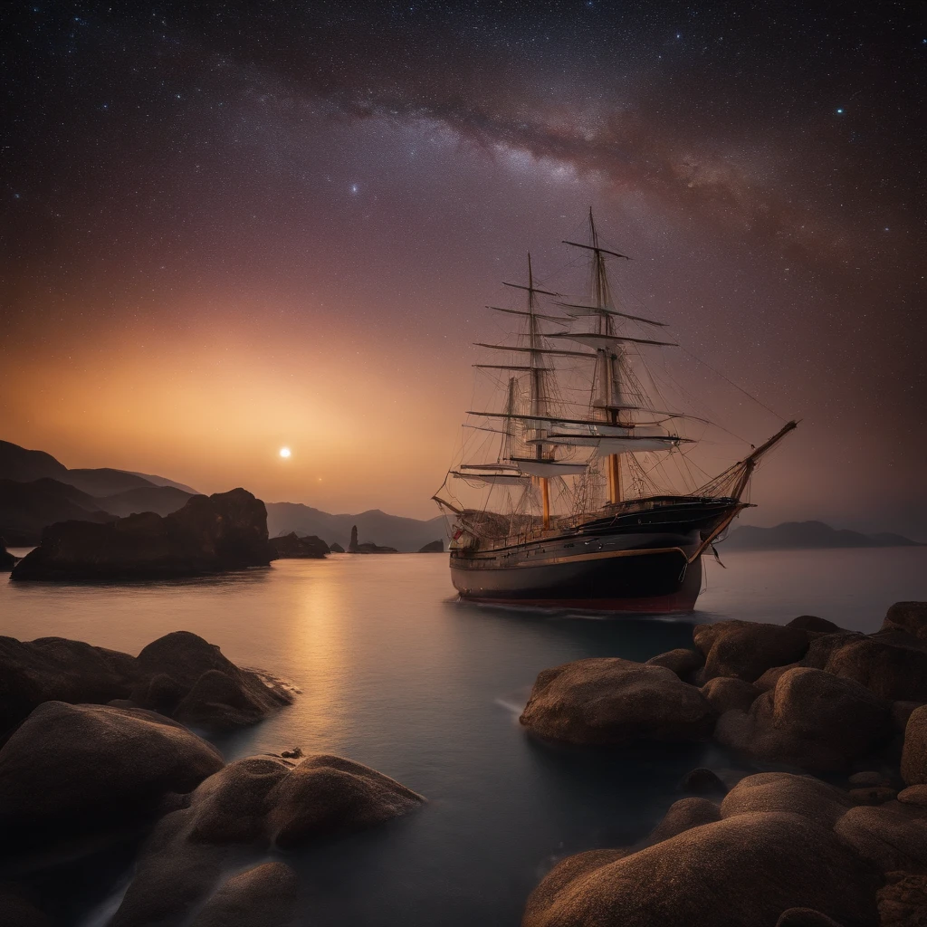 Master Parts、Superior Quality、superior image quality、The 8k quality、、Beautiful pictures of the starry sky、magnifica、Arched Milky Way、Sail ships