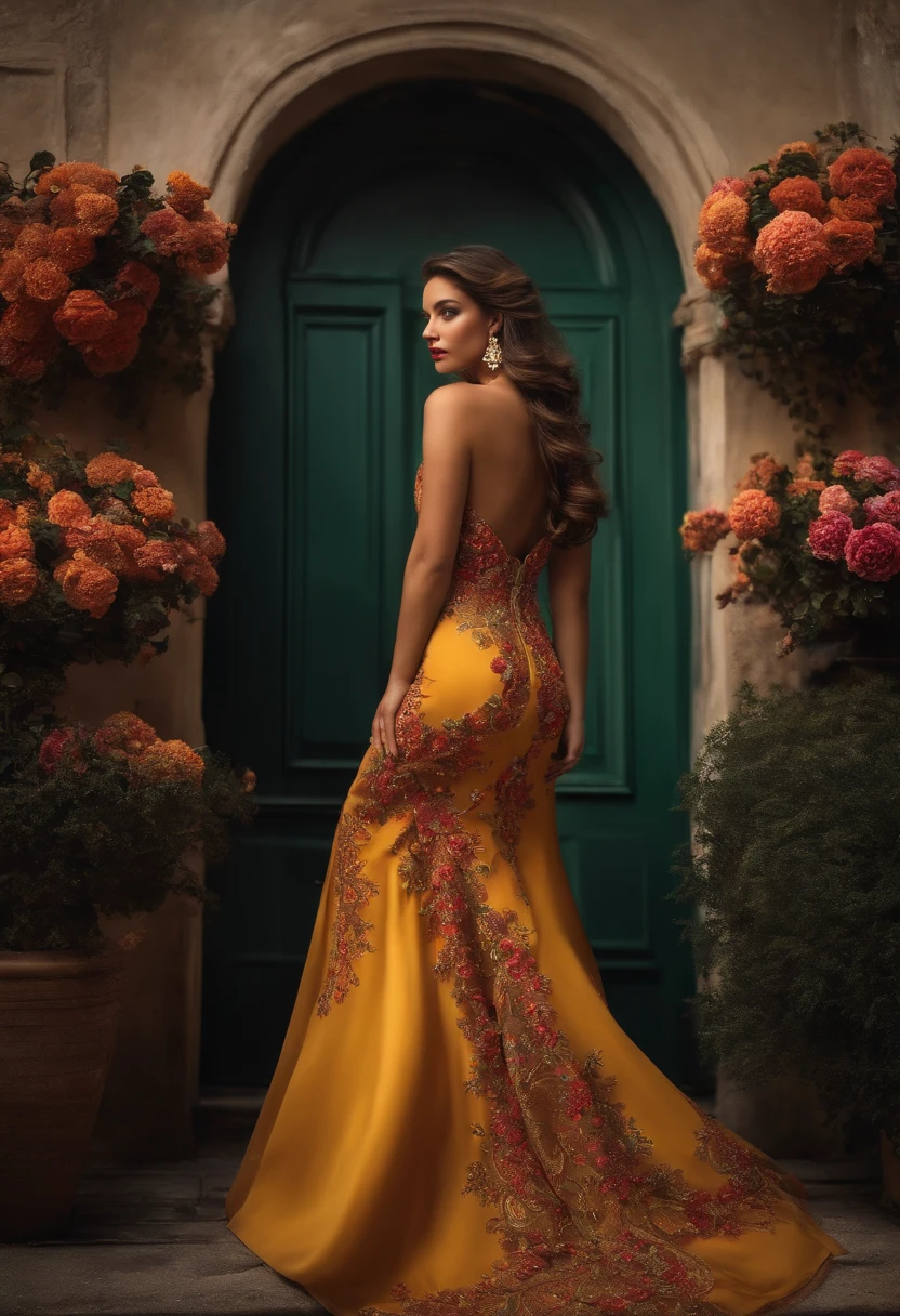 brasileira loira, Designer Melkormancin's technique bare ass, Showing breasts standing in a vibrant garden with blooming flowers. The garden is full of various plants and trees, criando um ambiente exuberante e envolvente. e realista.
