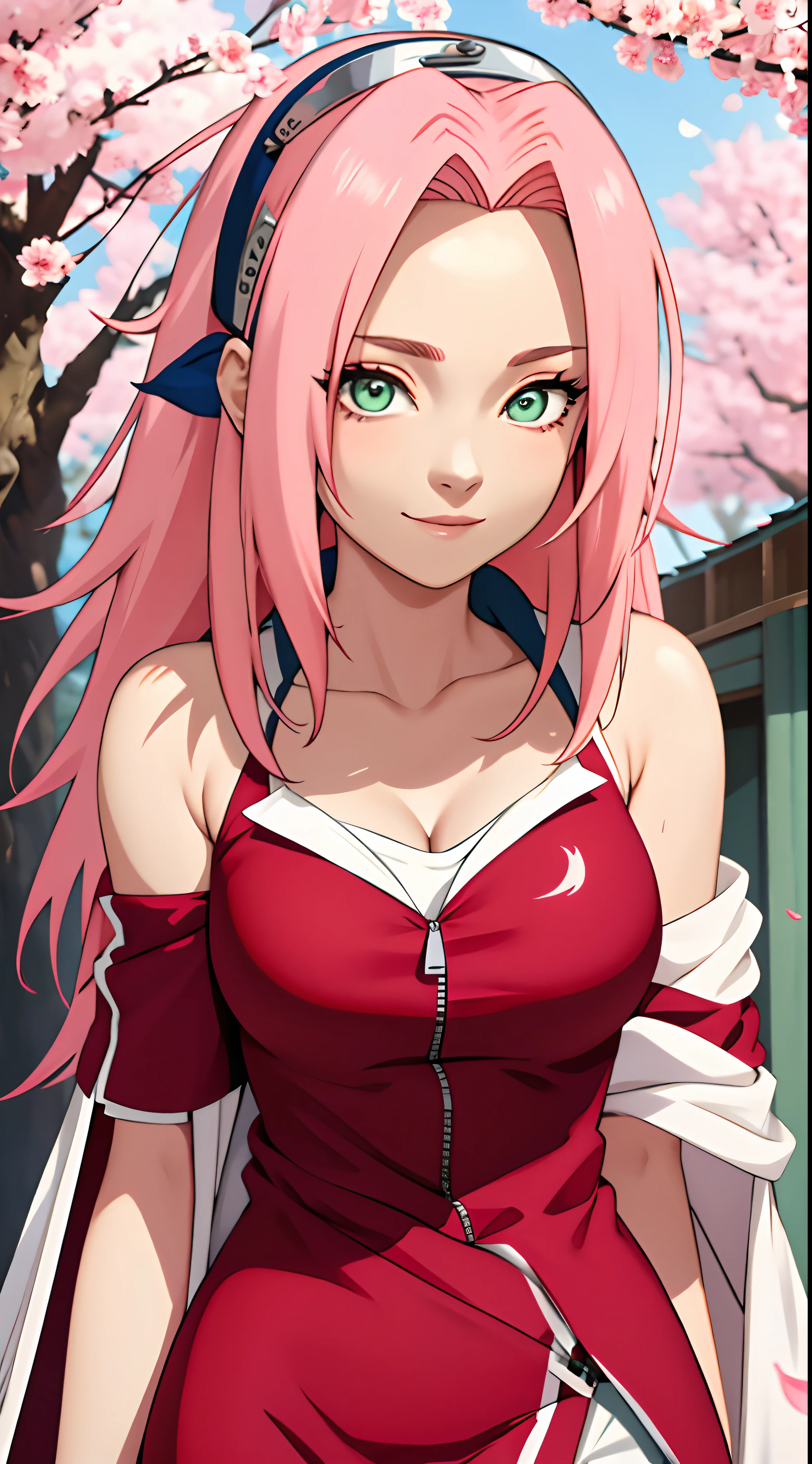 tmasterpiece， Best quality at best， 1girll， Sakura Haruno， Large breasts，Off-the-shoulder attire，（cleavage)，（upperbody closeup)，Raised sexy，is shy，ssmile，with pink hair， long whitr hair， （Green eyeballs:1.4)， Forehead protection， the cherry trees，Cherry blossoms flying，Red clothes，Zipper half