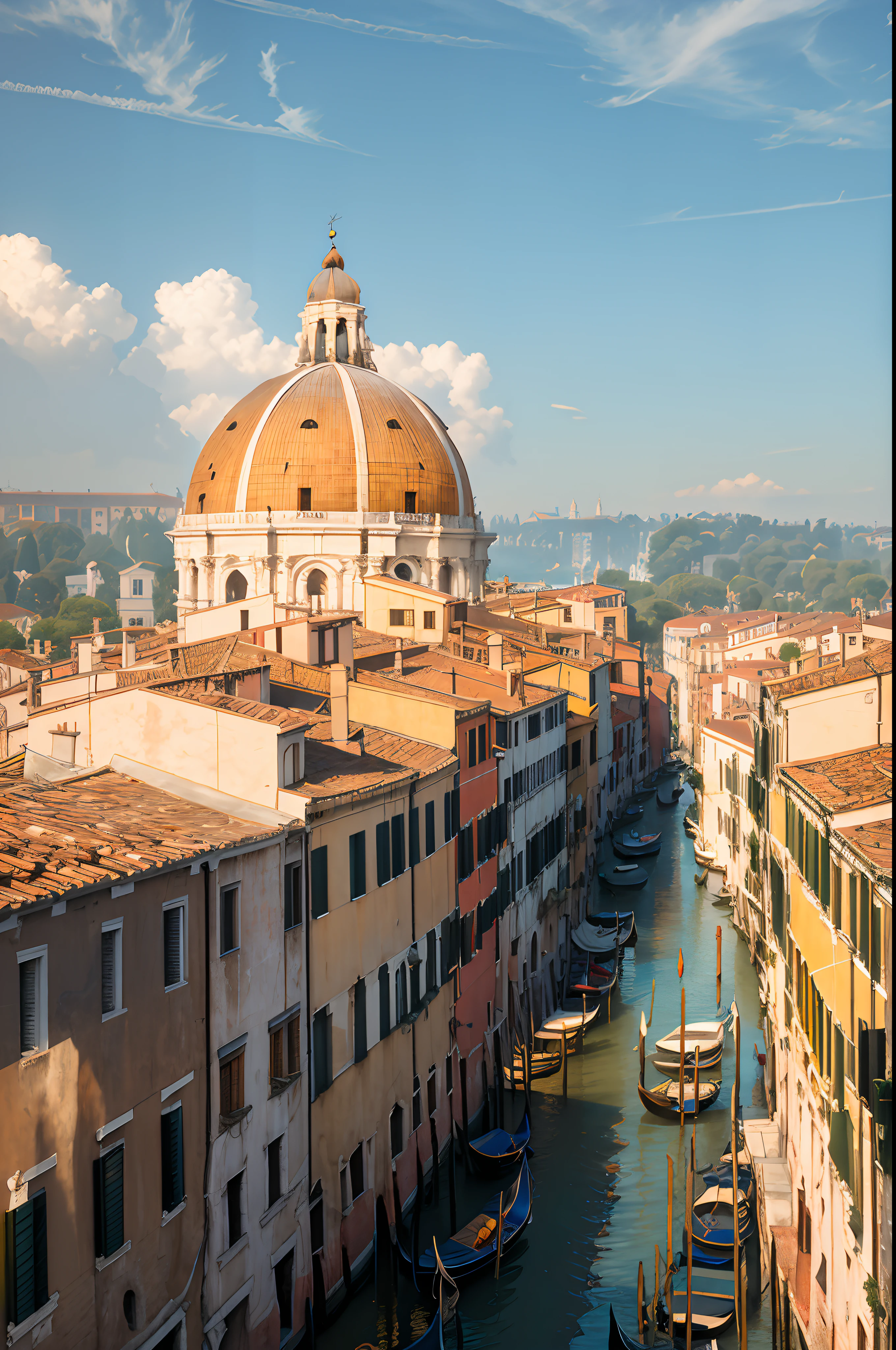 a very detailed photography of an water canal in Venice, there are houses on both sides and a church dome on the left, at sunset, hyperrealism