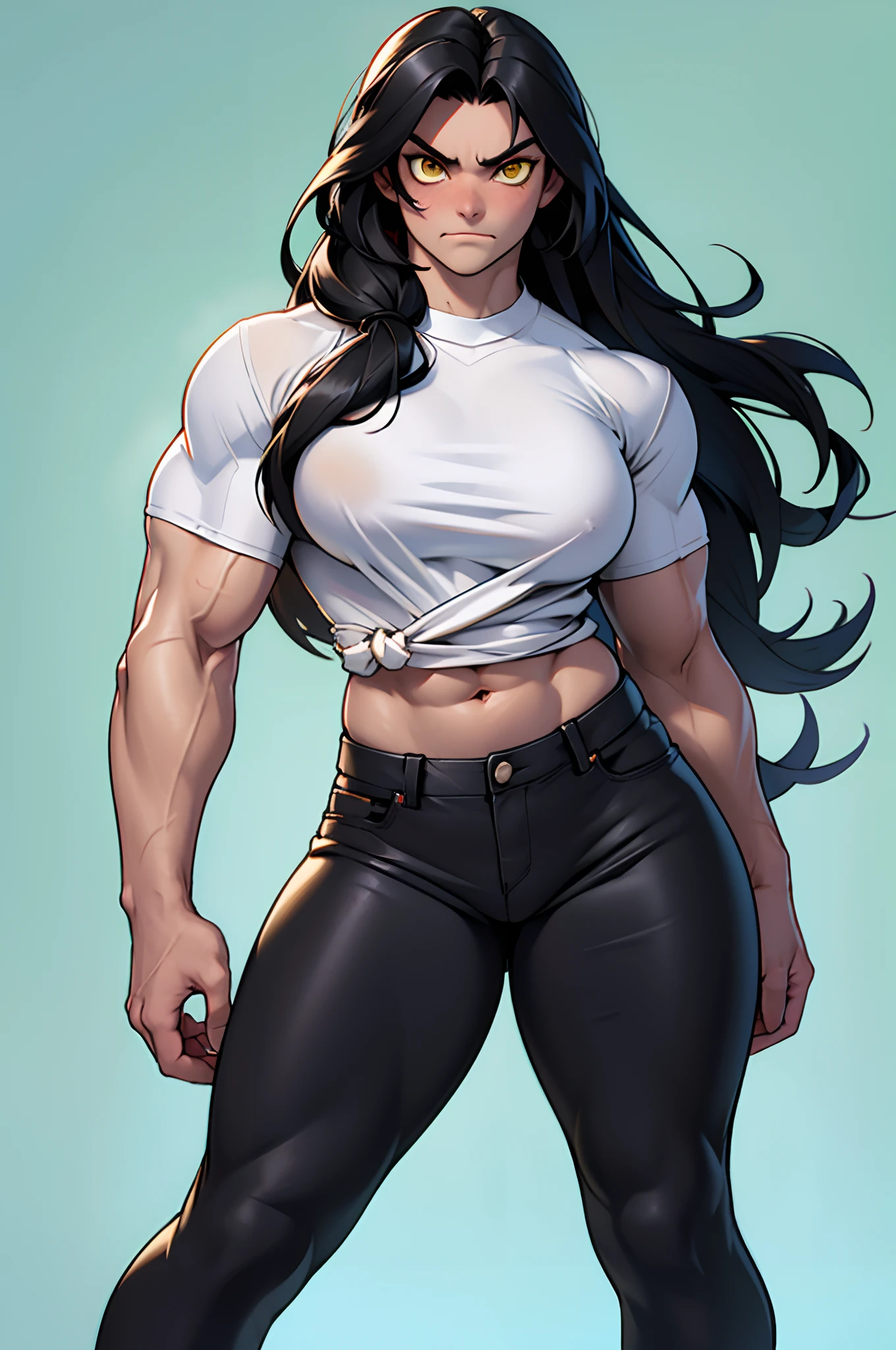 (1girl), extremely long hair, solo, ((muscular)), veins, black hair, yellow eyes, blushing, thick thighs, pale skin, strong, veins, abs, big thighs, huge breasts, navel, standing, angry, tight pants, tight shirt