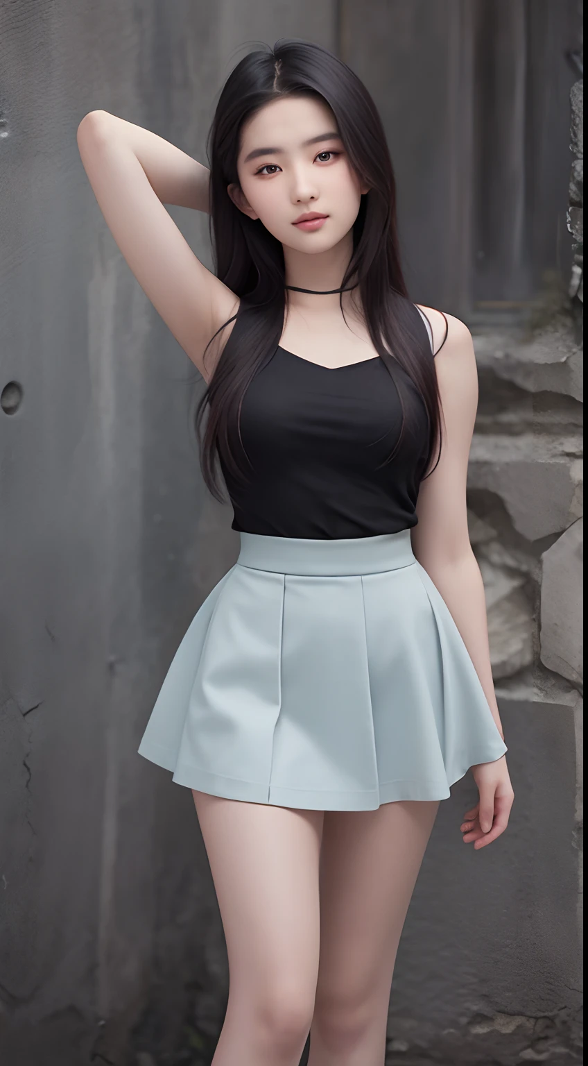 A beautiful Turkic woman, Pasta with tops, high waisted short skirt , Detailed, Detail body and face, upper legs