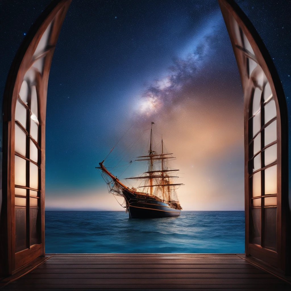 Master Parts、Superior Quality、superior image quality、The 8k quality、、Beautiful pictures of the starry sky、magnifica、Arched Milky Way、Sail ships、Blue glowing sea