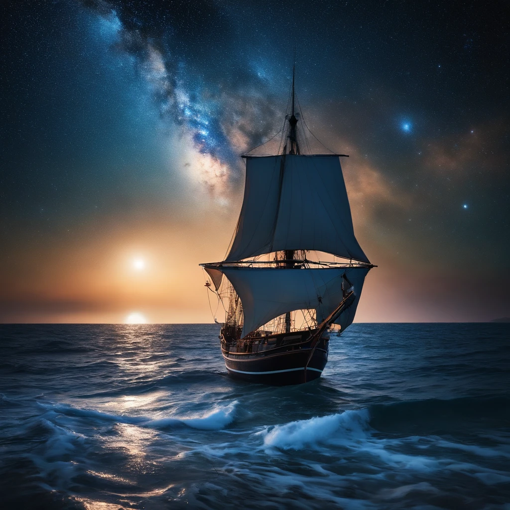 Master Parts、Superior Quality、superior image quality、The 8k quality、、Beautiful pictures of the starry sky、magnifica、Arched Milky Way、Sail ships、Blue glowing sea