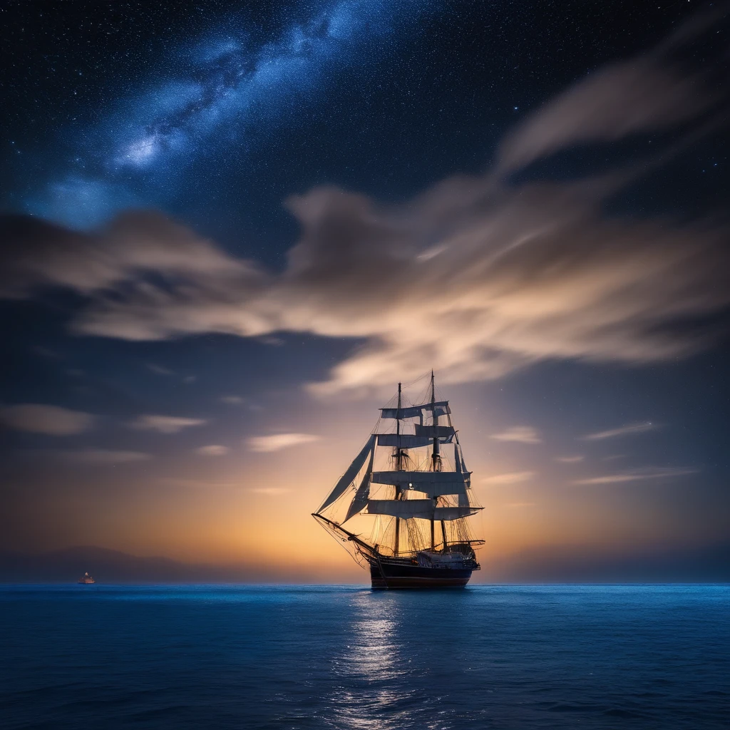 Master Parts、Superior Quality、superior image quality、The 8k quality、、Beautiful pictures of the starry sky、magnifica、Arched Milky Way、Sail ships、Blue glowing sea