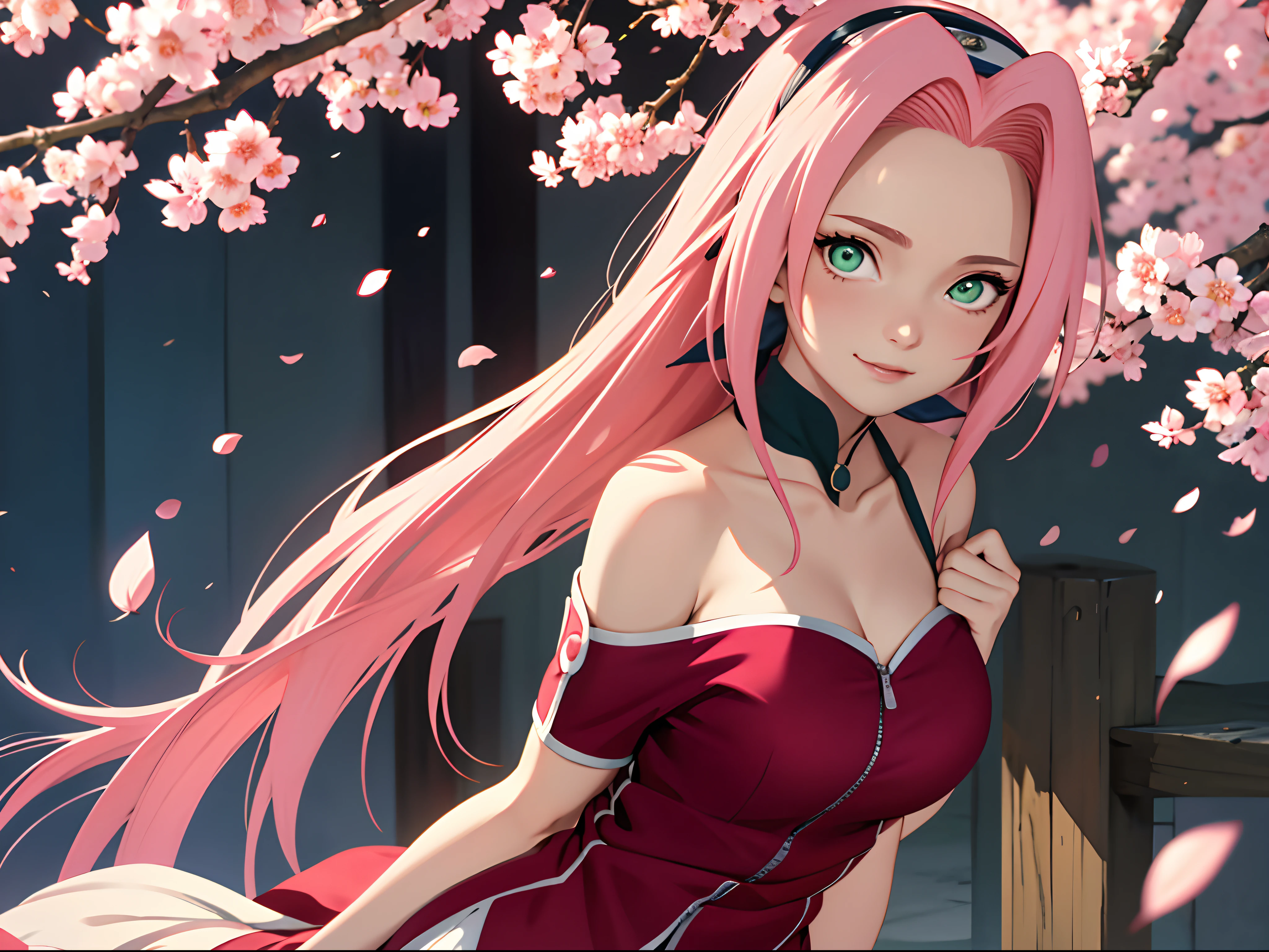 tmasterpiece, Best quality at best, 1girll, Sakura Haruno, Large breasts,Off-the-shoulder attire,(cleavage),(upperbody closeup),Raised sexy,is shy,ssmile,with pink hair, long whitr hair, (Green eyeballs:1.4), Forehead protection, the cherry trees,Cherry blossoms flying,Red clothes,Zipper half