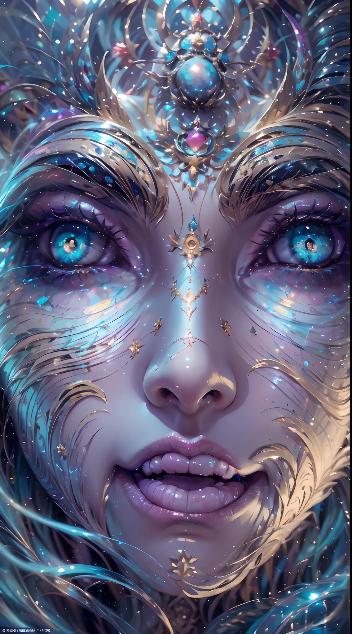 (best qualtiy,ultra - detailed,Most Best Illustration,Best shadow,tmasterpiece,A high resolution,professionalartwork,famousartwork),Sky blue picture style,Detailed eyes,beautidful eyes,closeup cleavage,sci-fy,colored sclera,Robot eyes,face markings,Tattooed with,(fractalized,Fractal eyes),largeeyes,Wide eyes,(Eye focus),sface focus,Cosmic eyes,Space eyes,Close-up of metal sculpture of a woman with a moon in her hair,goddes。extremly high detail,3 d goddess portrait,Extremely detailed footage of the goddess,a stunning portrait of a goddess,Side image of the goddess,portrait of a beautiful goddess,Full body close-up portrait of the goddess,hecate goddess,portrait of a norse moon goddess,goddess of space and time,PureErosFace_V1,Urzang-6500-V1 Edition.1,