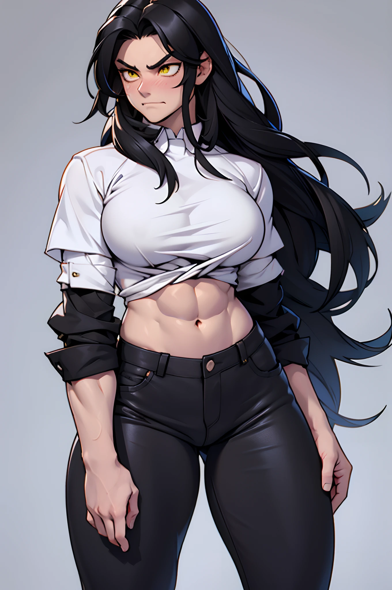 ((grey background)), solo, ((((1 girl)))), very long hair, black hair, angry, yellow eyes, (((((muscular))))), (huge tits), (thick thighs), (wide hips), pale skin, standing, slick hair, turtle neck sweater, tight pants