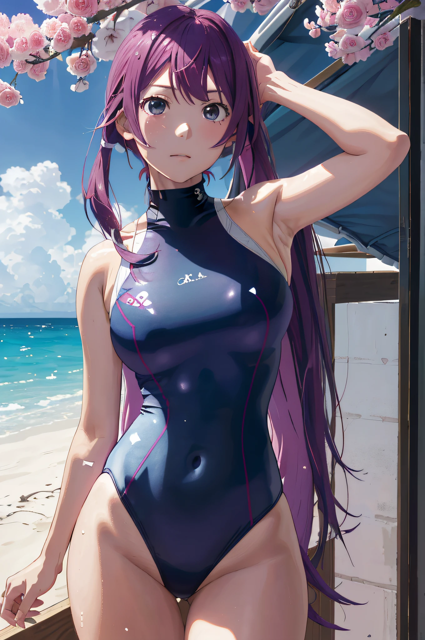 Obra maestra, La mejor calidad, Altas Resoluciones, sh1, Senjougahara Hitagi, Cabello largo, mangas largas,((( high neck swimsuit rosa claro))),muslos , Disparo de vaquero, Brazos cruzados,sakura
