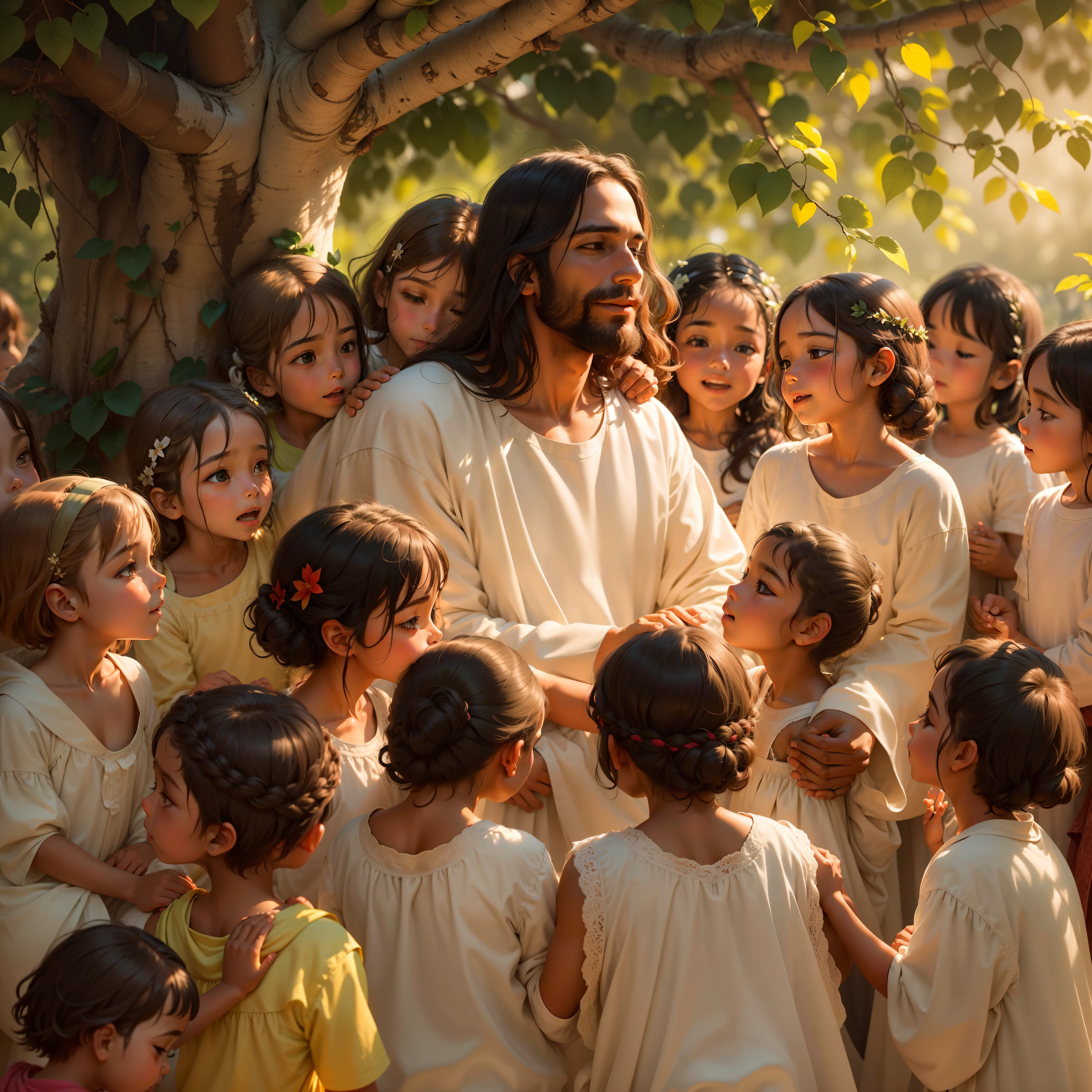 Under the balmy shade of a leafy tree, Jesus, wearing white robes and radiating a strong light behind his head, encontra-se sentado em uma rocha, surrounded by a group of children who gather happily at his feet. Seu semblante sereno irradia amor e sabedoria, while his soft eyes catch the attention of each child, uma por uma. With gentle gestures and affectionate expressions, He shares stories and teachings. childrens, Fascinado, inclinam-se para a frente, their faces lit up by smiles and looks of admiration. The surrounding landscape is a landscape of peace, com colinas verdejantes, the serene sky, criando um ambiente de tranquilidade e harmonia. Jesus' love for children and his dedication to sharing teachings of compassion and kindness permeate the scene, making you a reflection of the essence of your divine message.
