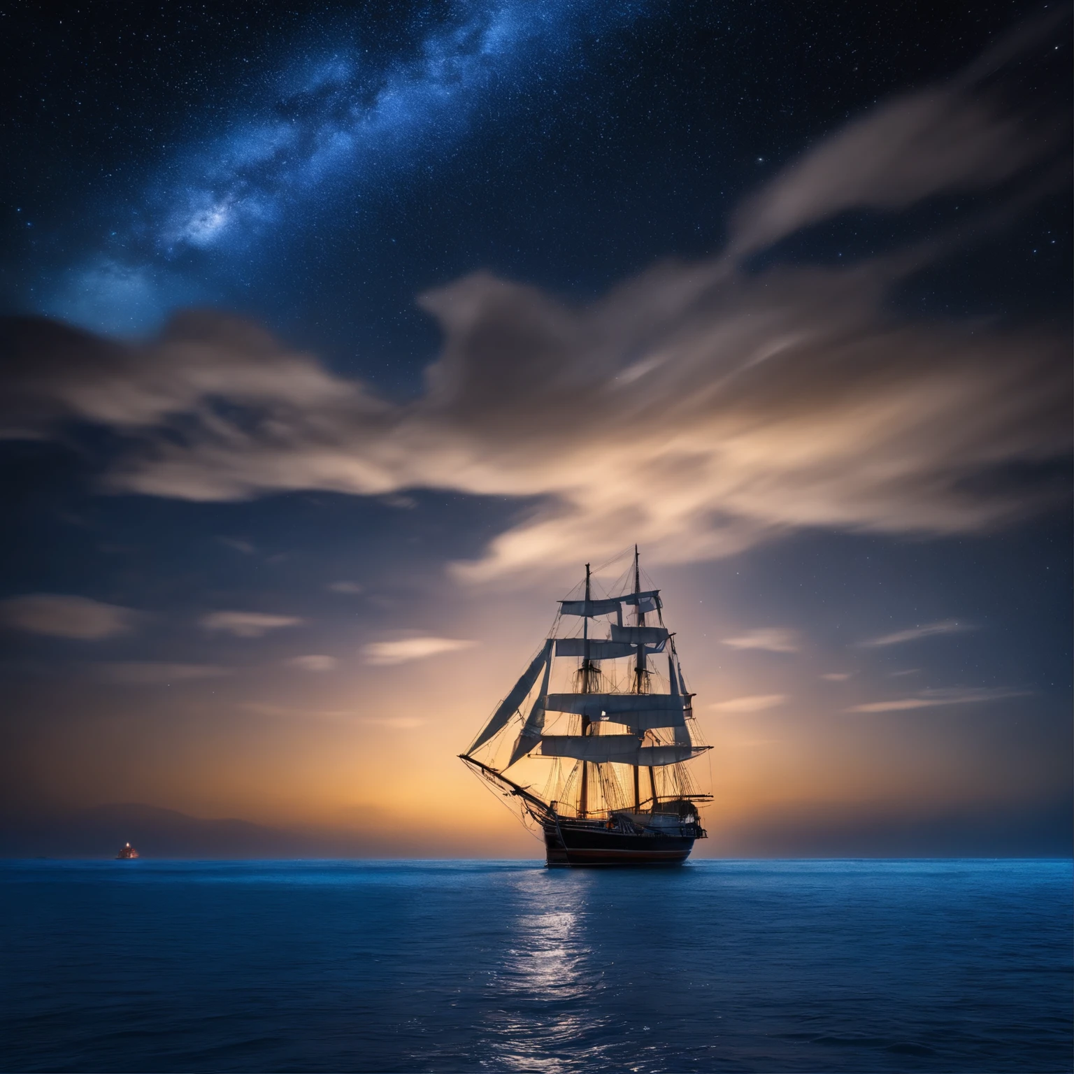 Master Parts、Superior Quality、superior image quality、The 8k quality、、Beautiful pictures of the starry sky、magnifica、Arched Milky Way、Sail ships、Blue glowing sea
